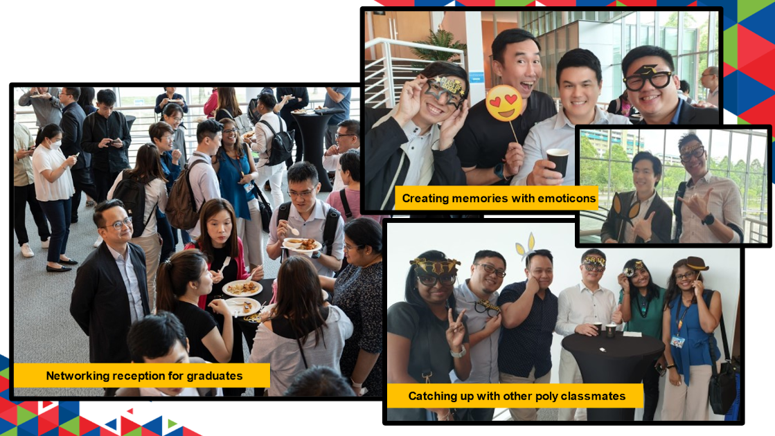 four-part collage of photos from a graduation event. The left section shows a standard networking reception with people mingling and eating. In contrast, the other three photos feature playful group portraits where graduates are holding various emoticons and novelty photo props, appearing cheerful and informal.