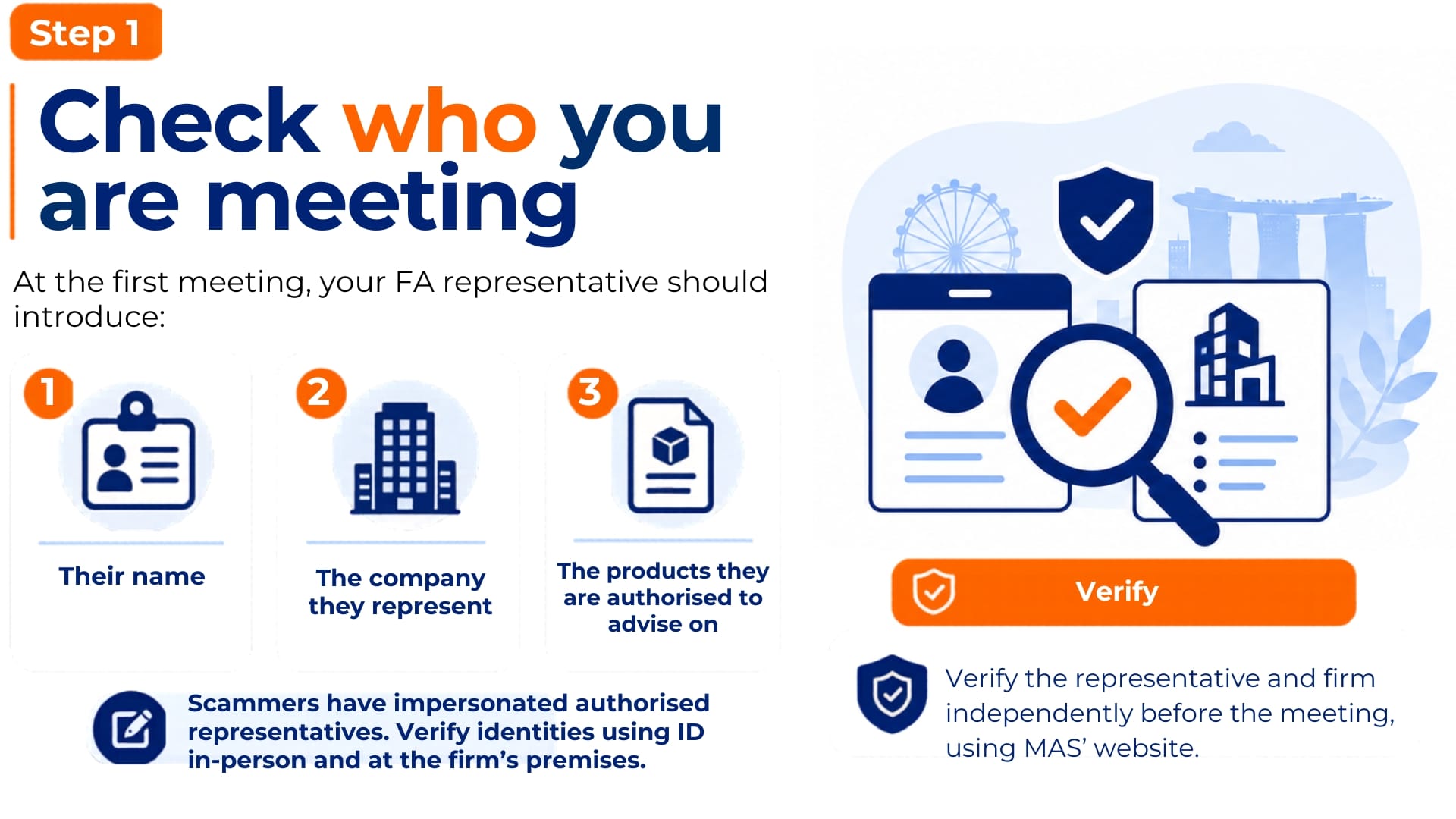 Infographic panel summarising how to check who you are meeting through the MAS website listed below
