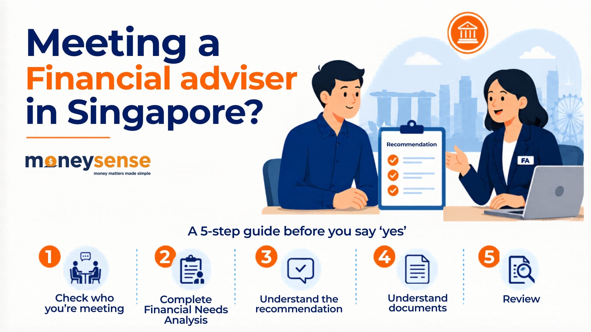 Infographic panel summarising what to expect when meeting a financial adviser in Singapore