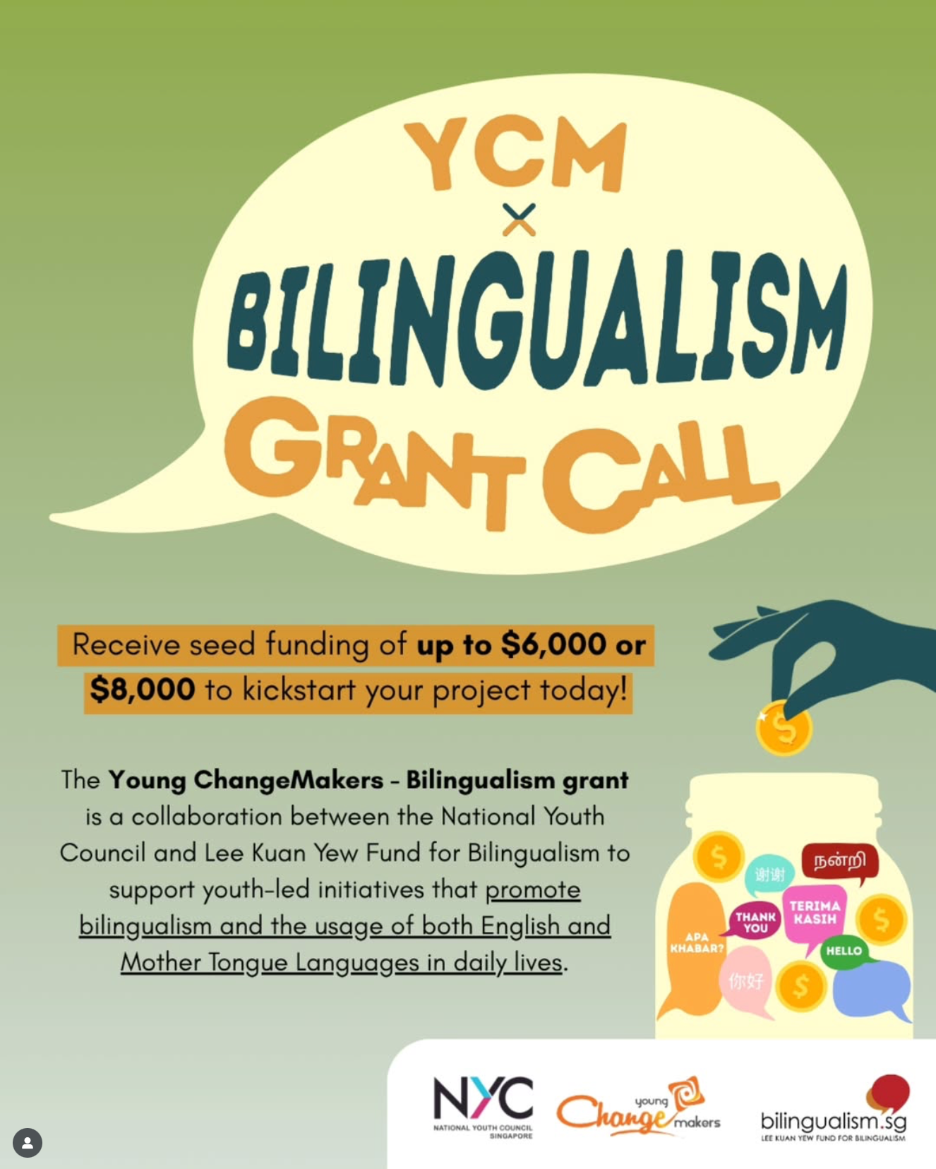 A hand drops coins with multilingual greetings into a jar; text promotes YCM Bilingualism Grant Call with seed funding offers.