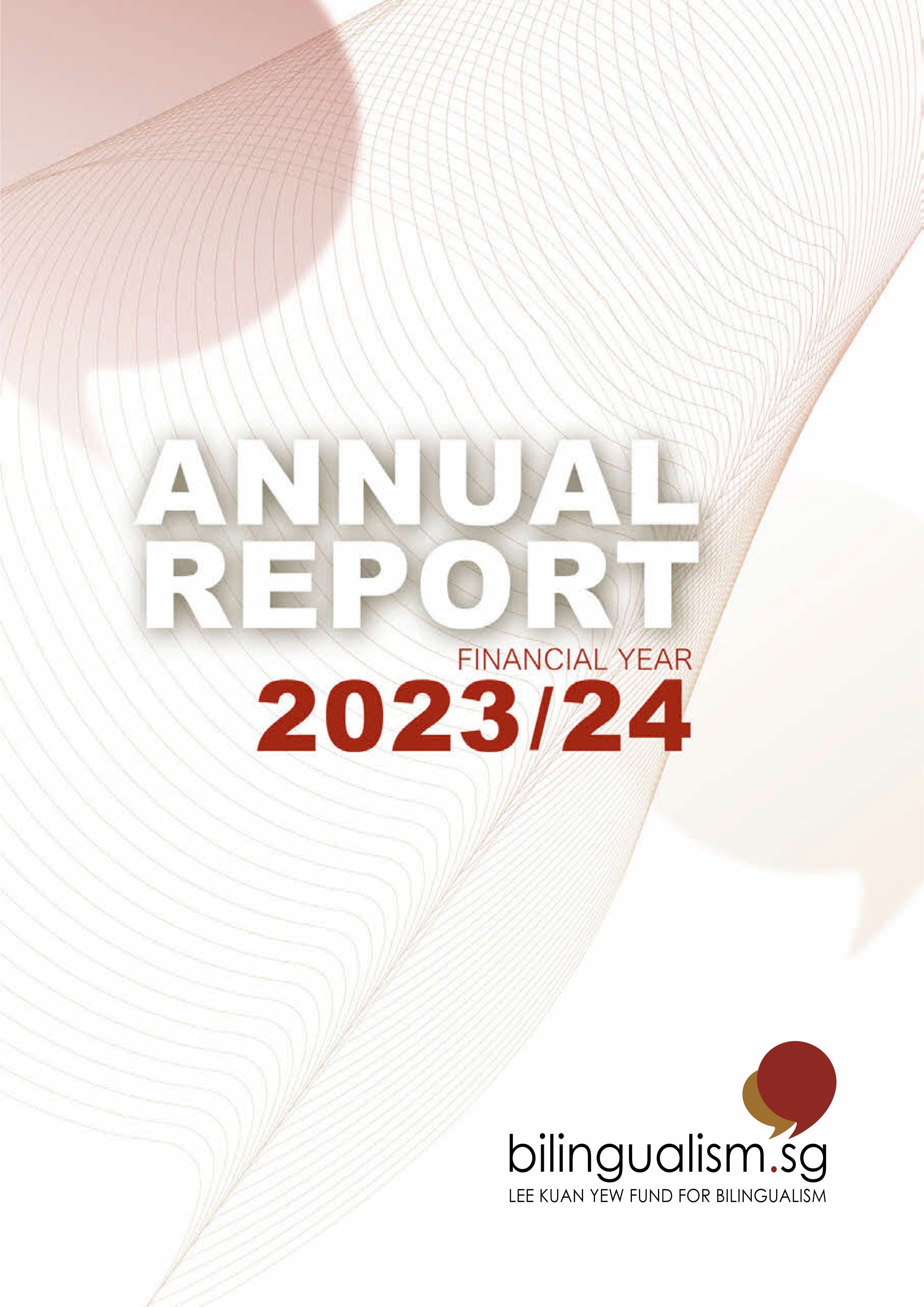 Bilingualism.sg Annual Report FY2023/24 cover with a subtle wave-line pattern.