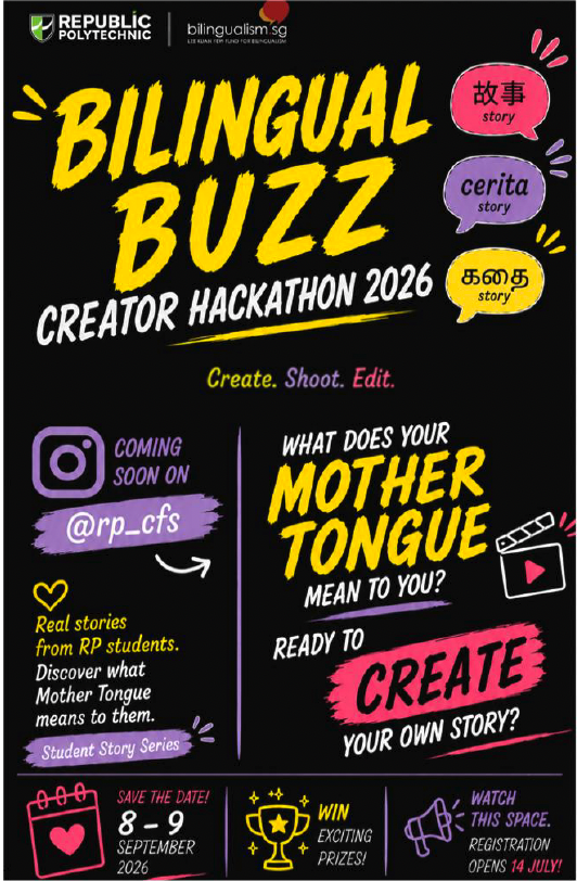 Poster for Bilingual Buzz Creator Hackathon 2026 by Republic Polytechnic and bilingualism.sg.