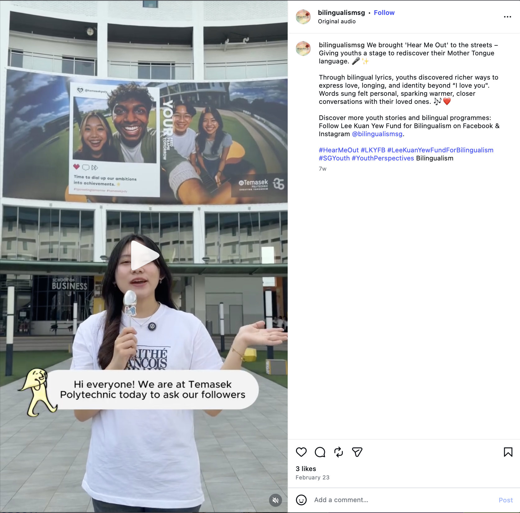 Screenshot of an Instagram post by bilingualismsg showing a video still of a young woman speaking into a microphone outdoors at Temasek Polytechnic.