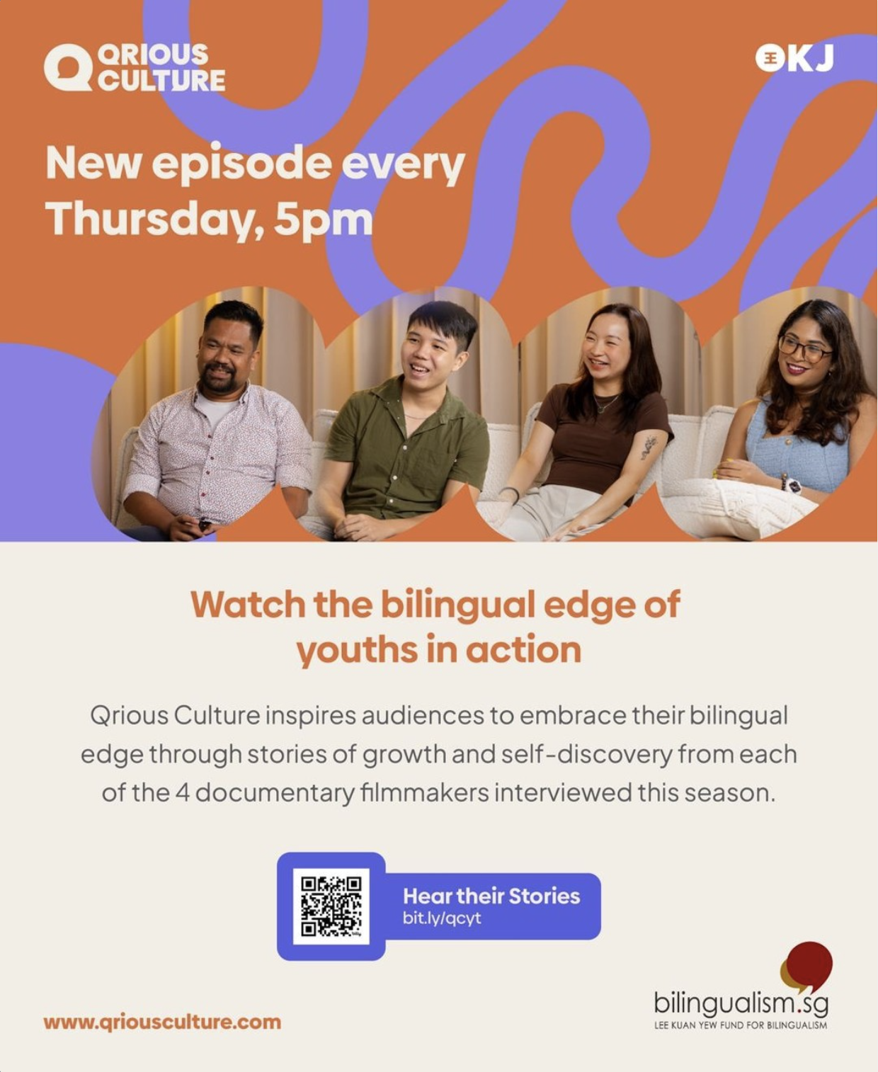 Promotional poster for Qrious Culture's new episode featuring documentary filmmakers, with text about bilingual youth stories.