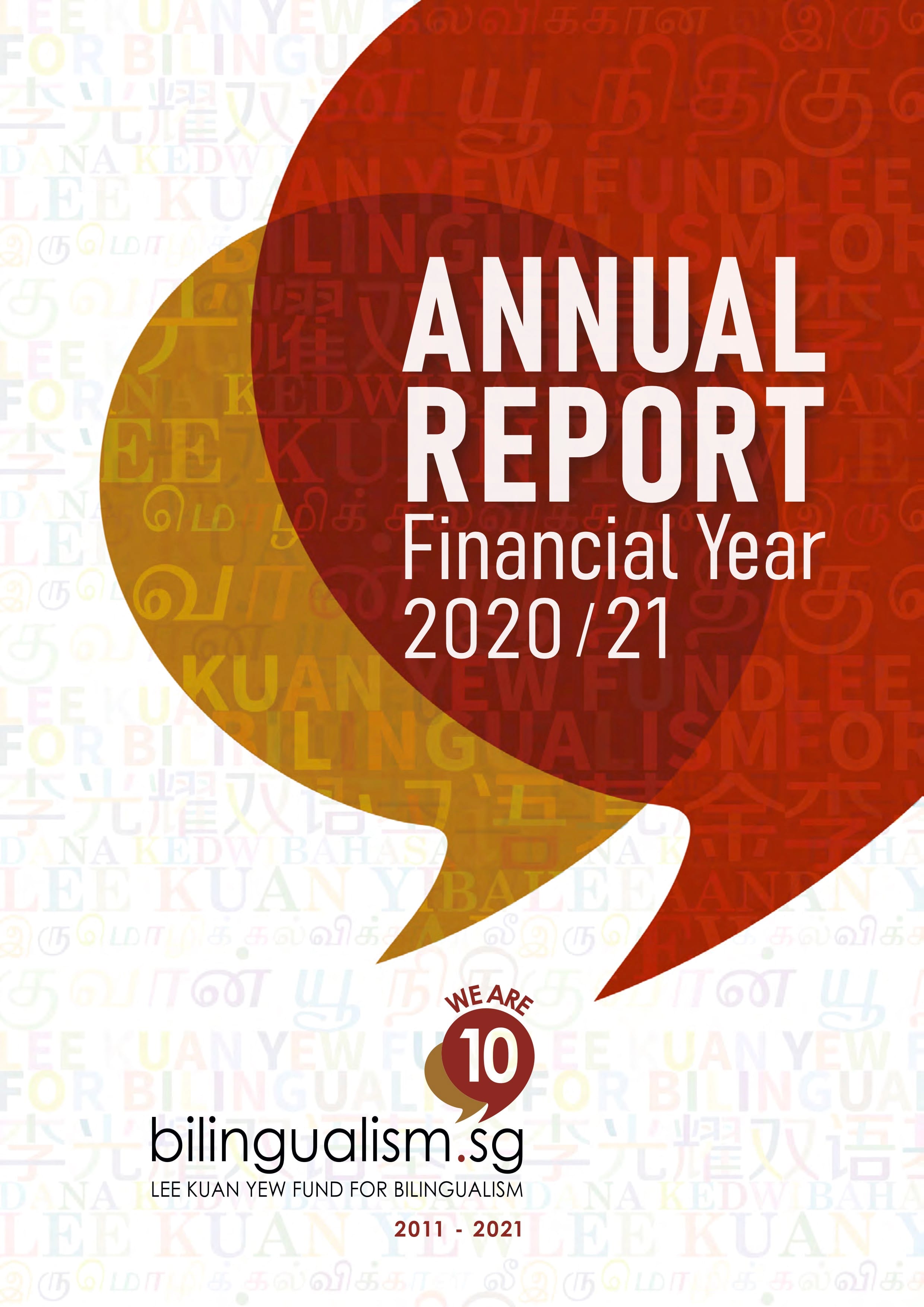 Bilingualism.sg 10th Anniversary Annual Report FY2020/21 cover with multilingual text patterns.