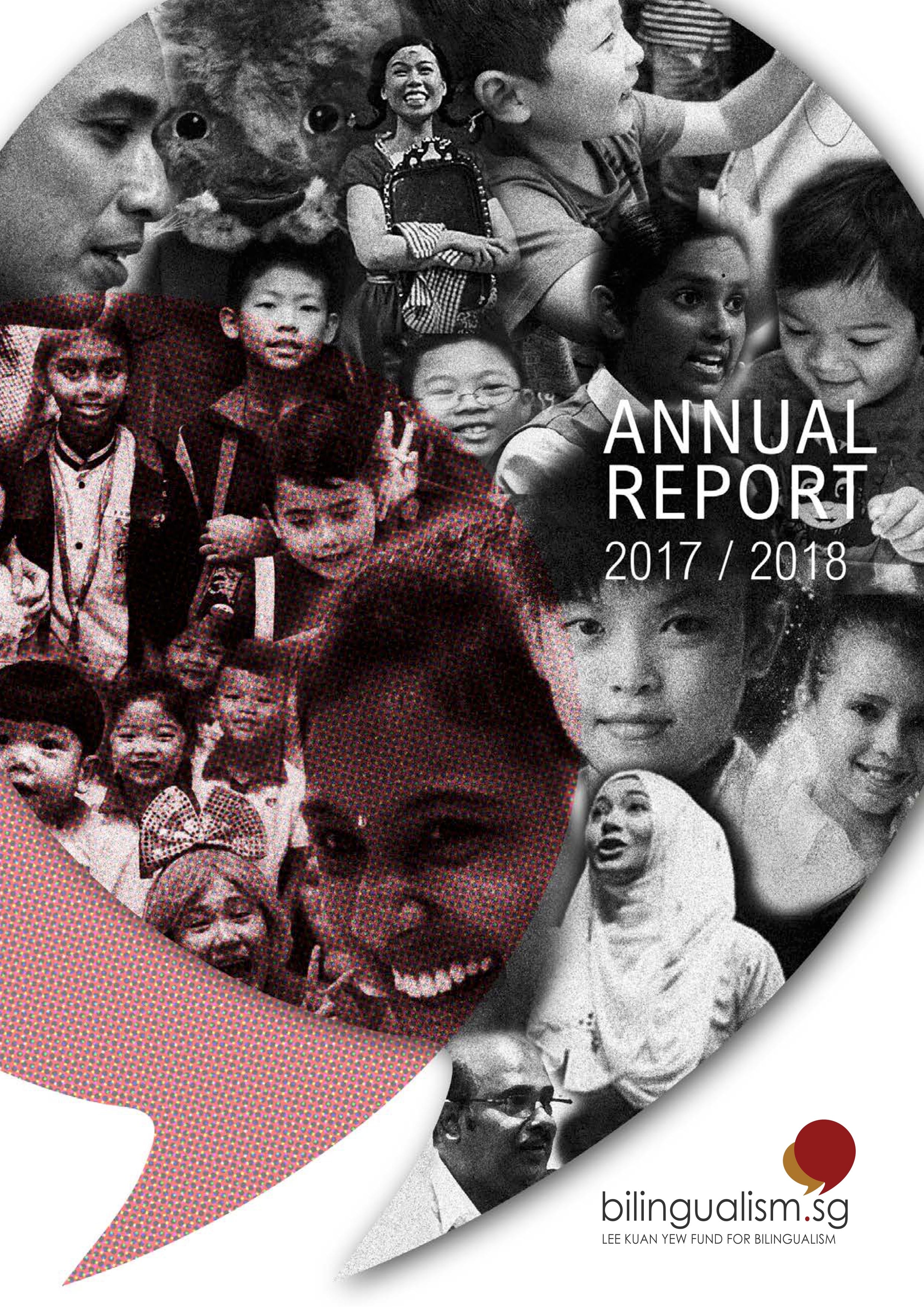 Bilingualism.sg Annual Report 2017/2018 cover with black-and-white collage of children's faces.
