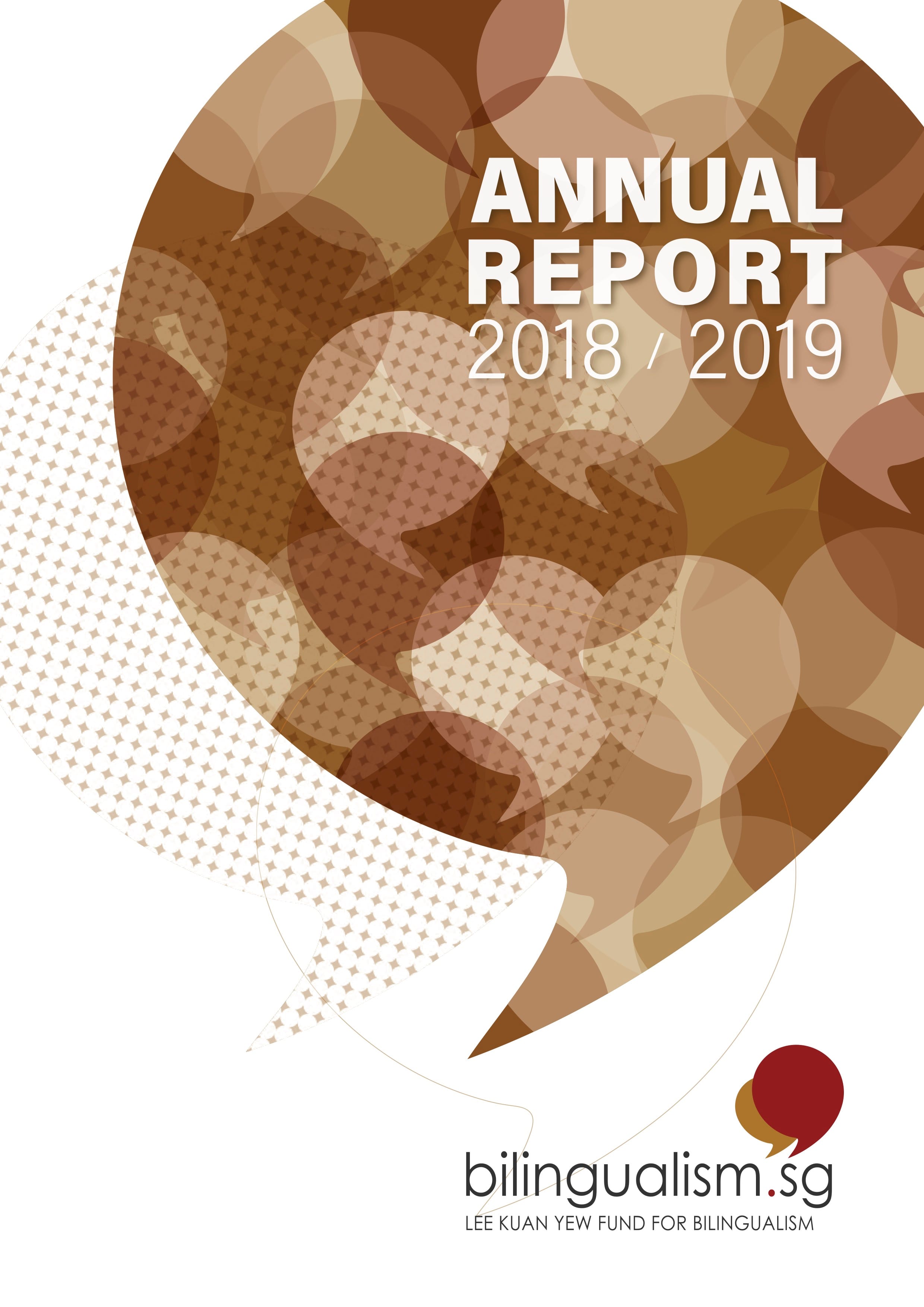 Bilingualism.sg Annual Report 2018/2019 cover with brown speech-bubble patterned design.