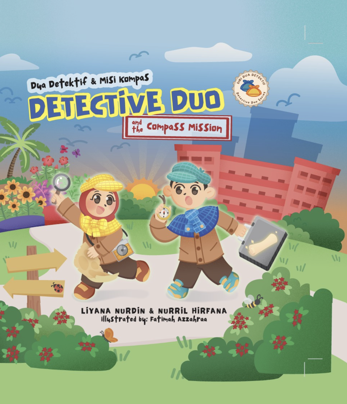 Illustrated cover of a children's book titled "Detective Duo and the Compass Mission" showing two detective characters in a garden scene.