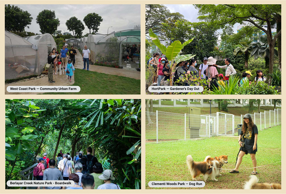 The image shows groups of people at a community farm, gardening event, nature park boardwalk, and a dog run in various parks.