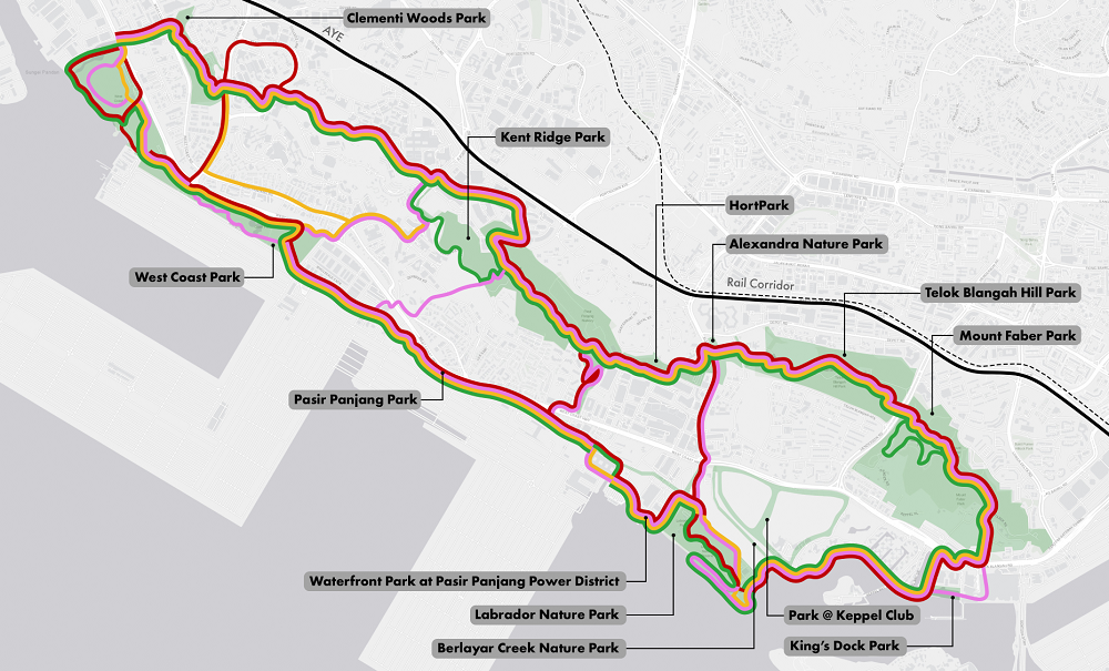 Map showing various parks connected by trails in Singapore, with highlighted routes, and labeled points including Kent Ridge Park and West Coast Park.