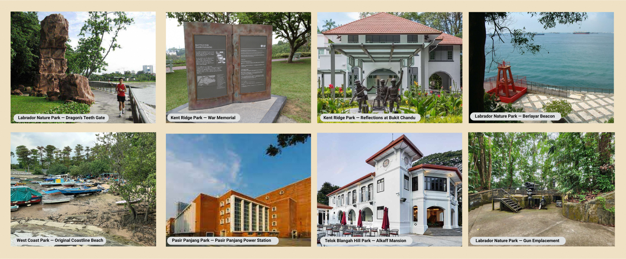 Eight images of various park landmarks including monuments, beaches, buildings, statues, and natural landscapes.