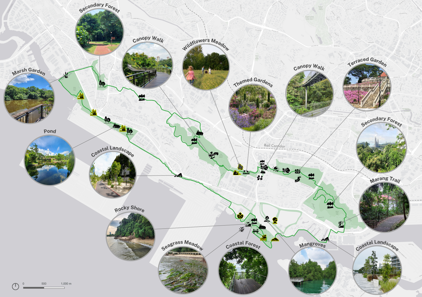 A map of a nature trail with highlighted areas showing various landscapes like ponds, secondary forests, and themed gardens.