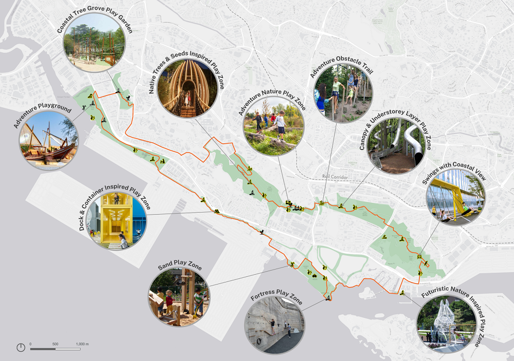 A map shows various play zones, each illustrated with circular photos and labels depicting different types of playgrounds and trails.