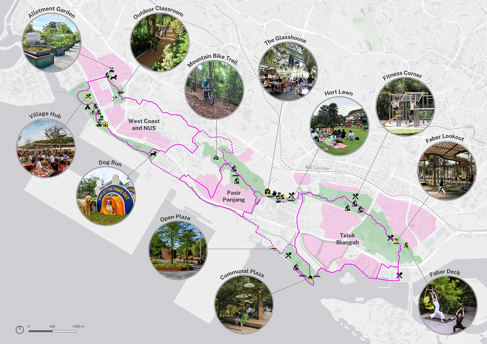 A map with circular images highlighting various locations and activities, like biking, fitness, and gardens in West Coast and NUS.