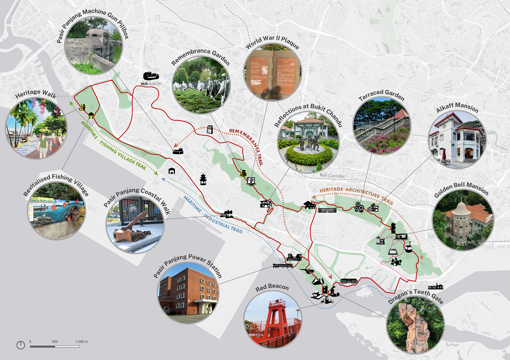 A map showing cultural heritage sites in Singapore with image bubbles for each site, including museums, memorials, and historical trails.