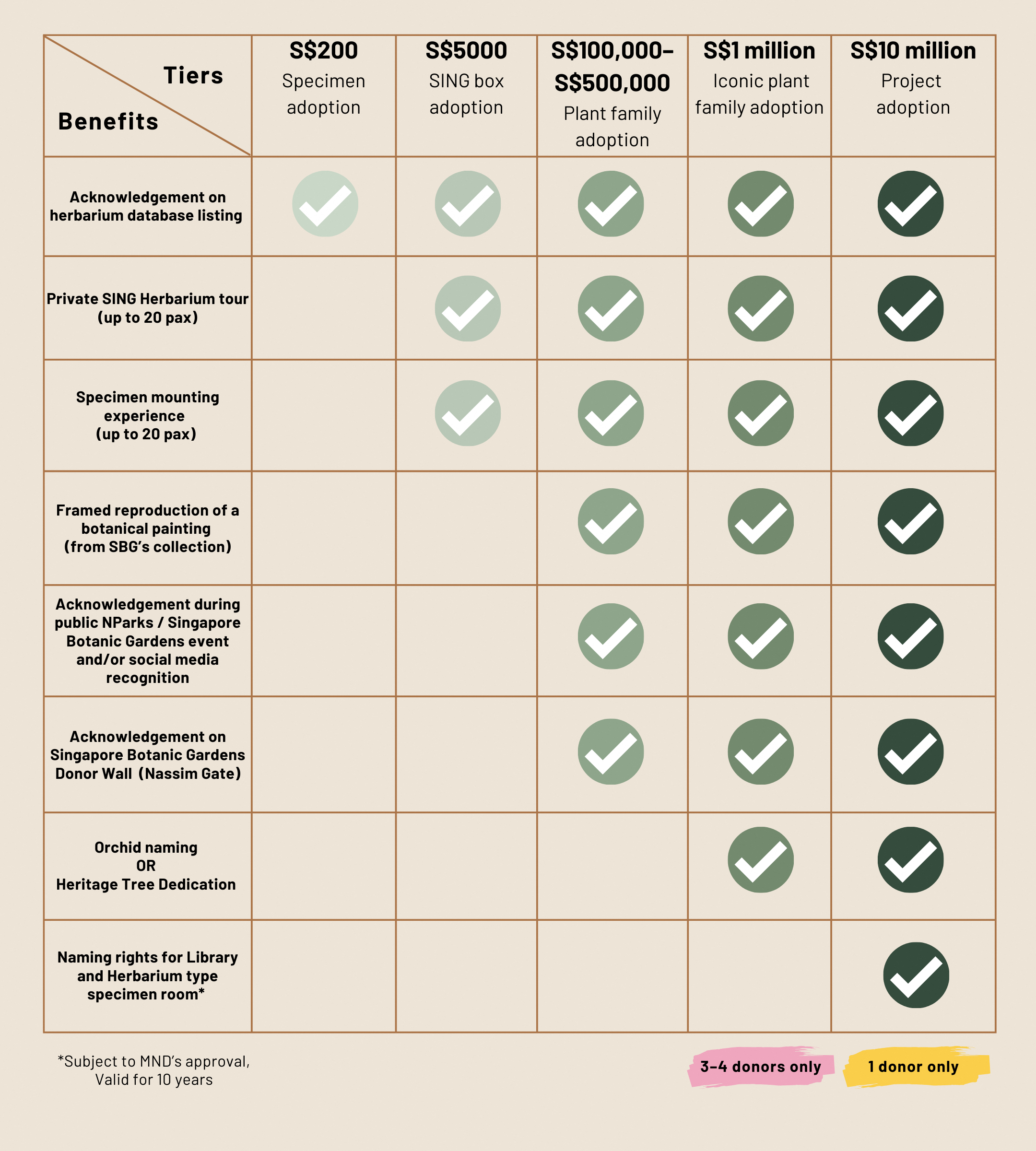 Table of donation tiers and corresponding benefits.