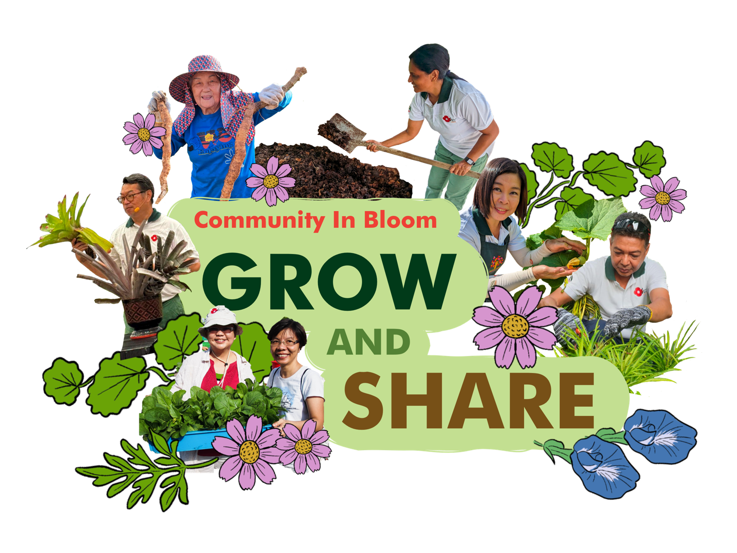 Grow and share initiative header graphic featuring several CIB gardeners and illustrations of plants 