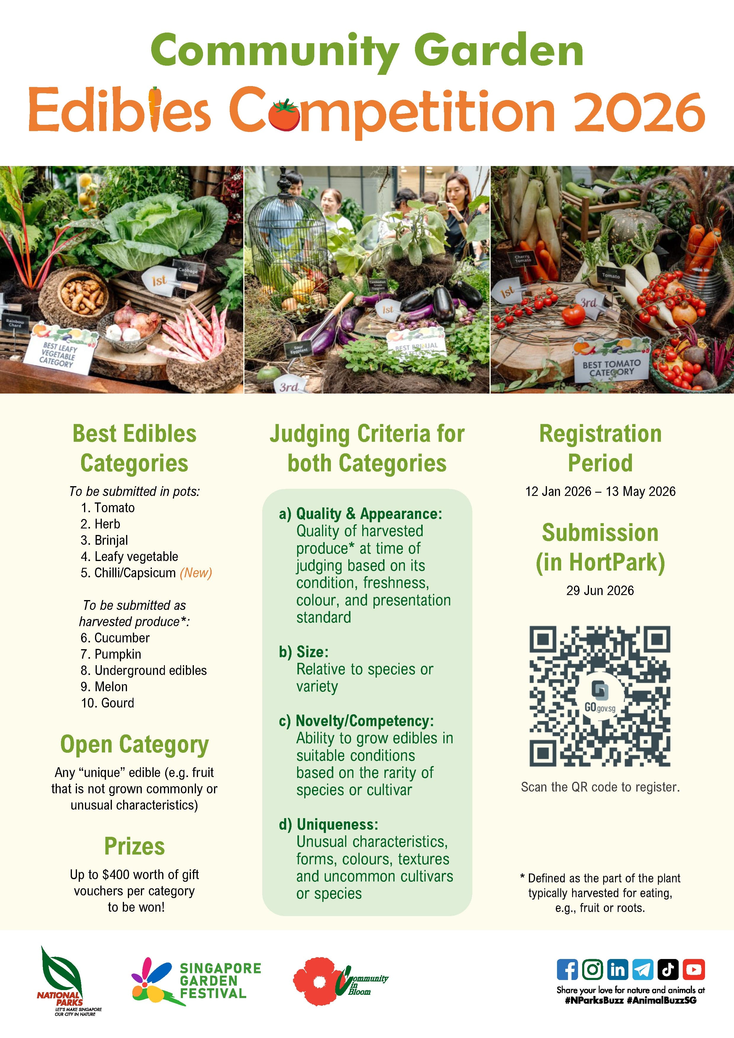 Poster graphic of the Community Garden Edibles Competition 2026 showing the two categories, prizes, judging criteria, registration period, submission and QR code for registration