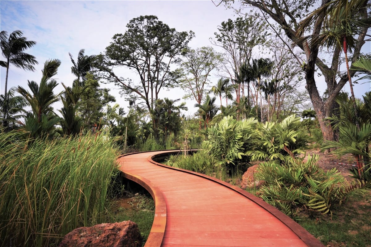 A curved wooden path leads through lush greenery and tall trees under a blue sky with scattered clouds.