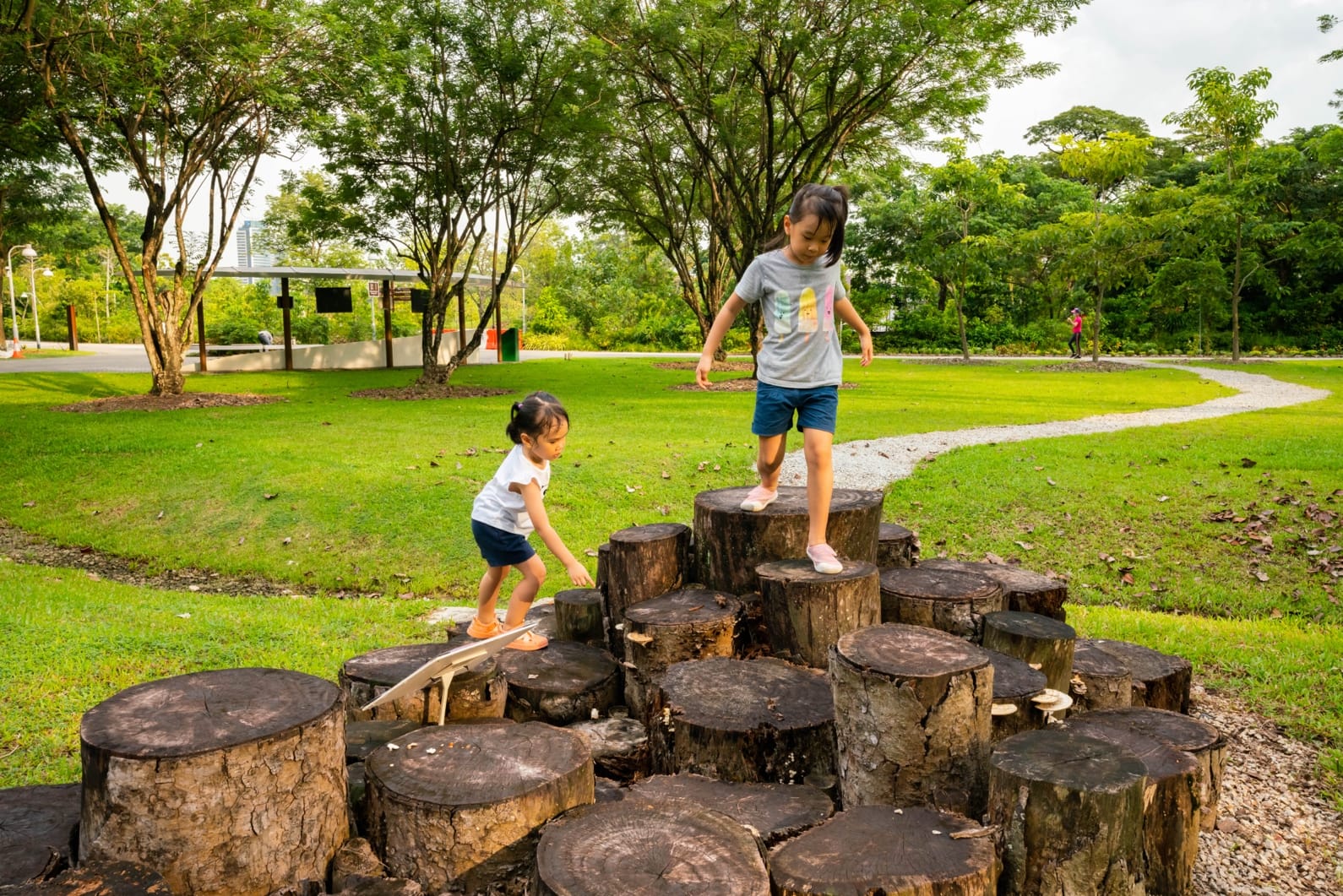 Two children play on stacked tree stumps in a grassy park with trees and a pathway nearby.