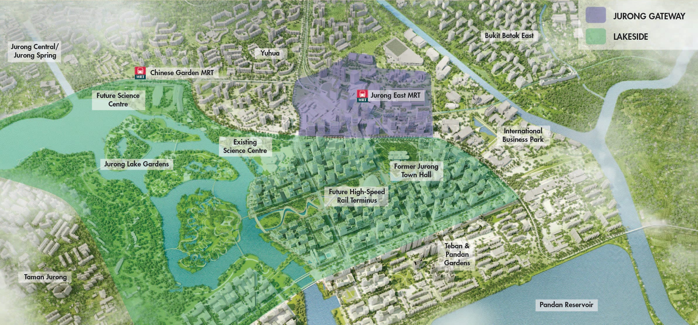 Annotated map showing various landmarks in Jurong, Singapore, including MRT stations, science centers, and gardens.