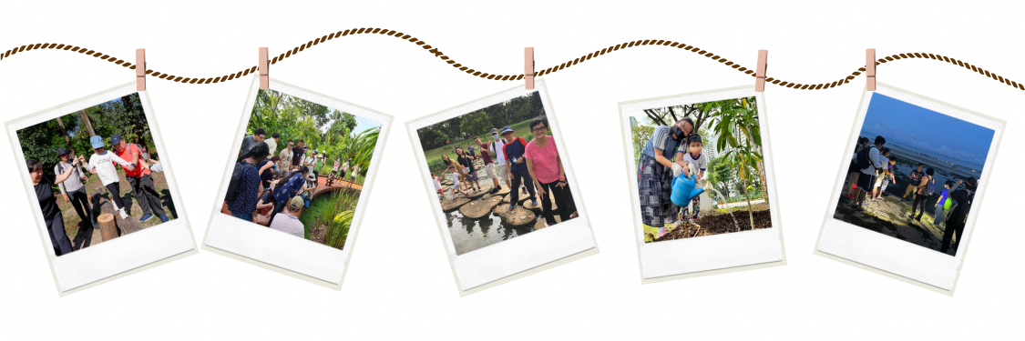 Five photos of people engaging in outdoor activities, clipped to a rope in a horizontal line.