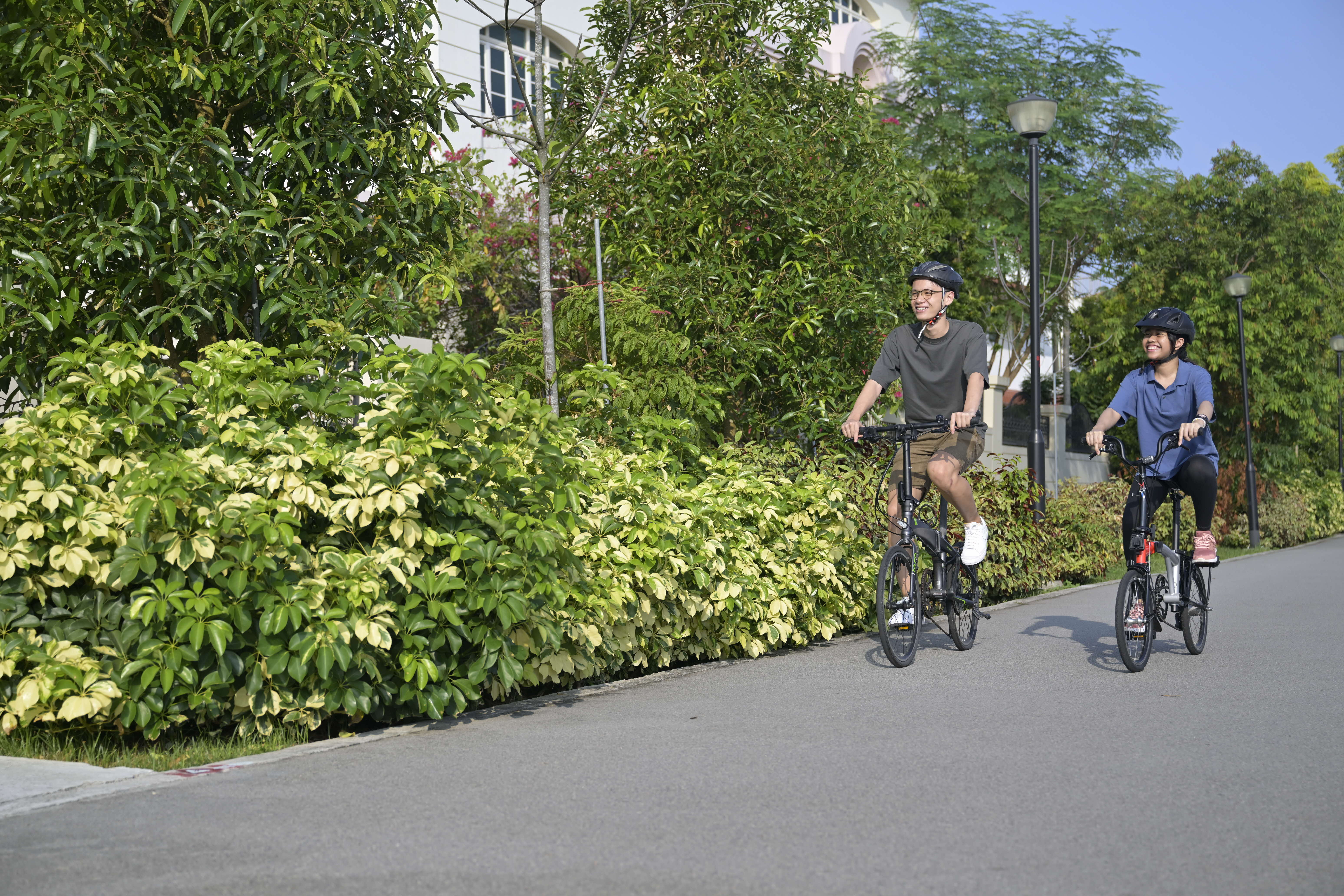Two cyclists ride on a paved path next to a row of green bushes and trees.