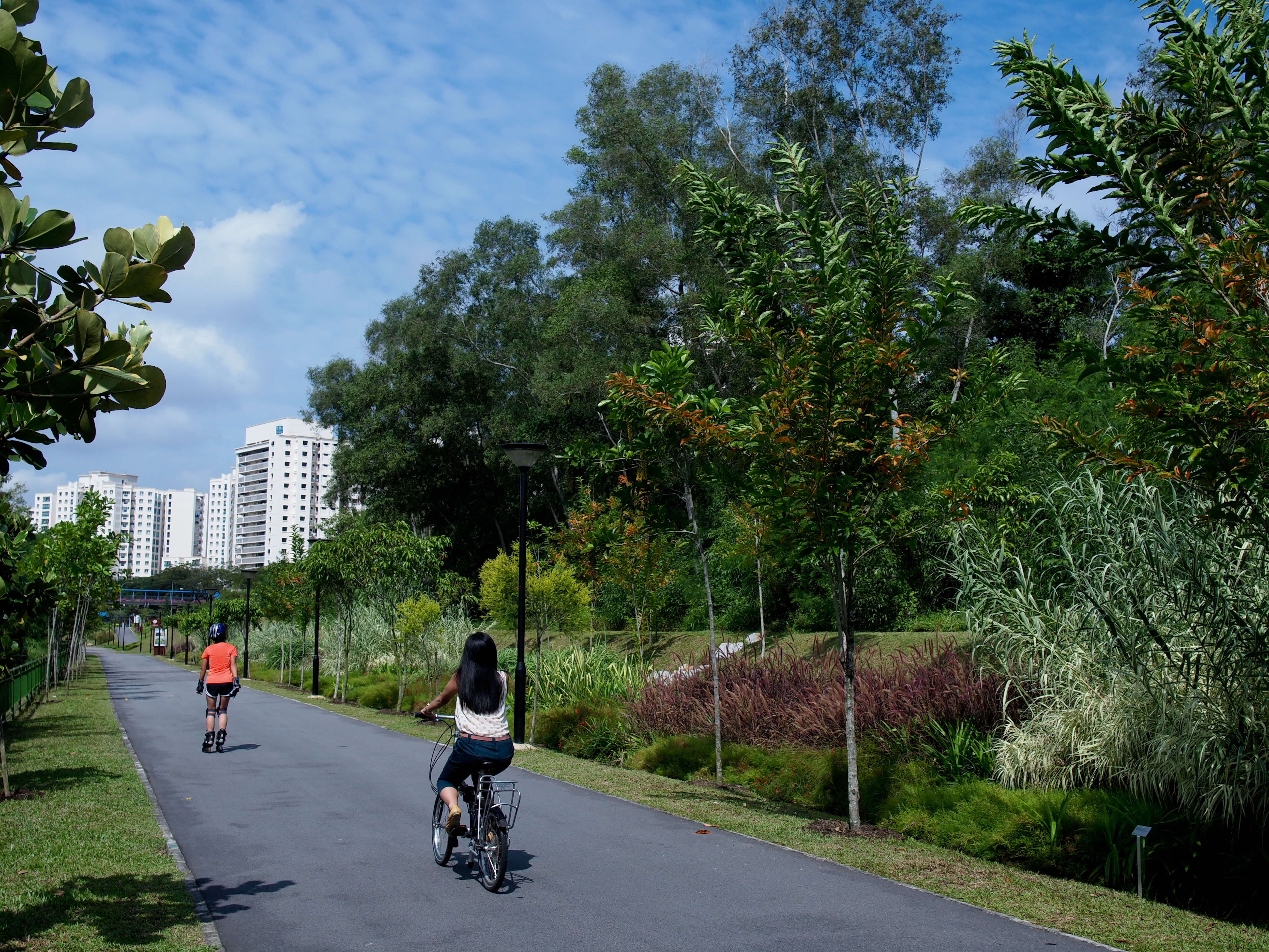Two people cycling along a paved path surrounded by trees and greenery, with tall buildings visible in the background.