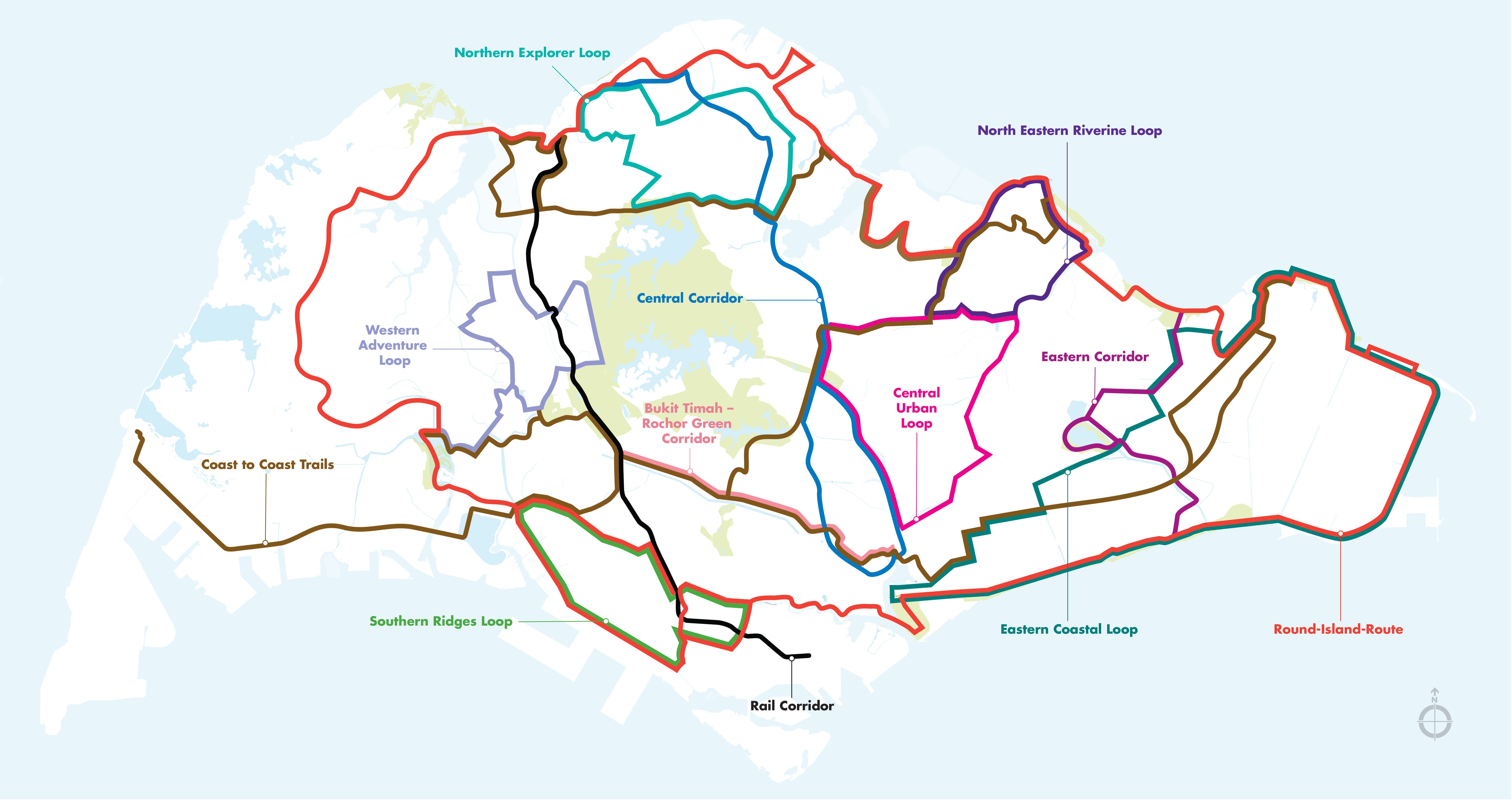 Map with various colored loops and trails named Northern Explorer Loop, Central Corridor, Rail Corridor, Eastern Coastal Loop.