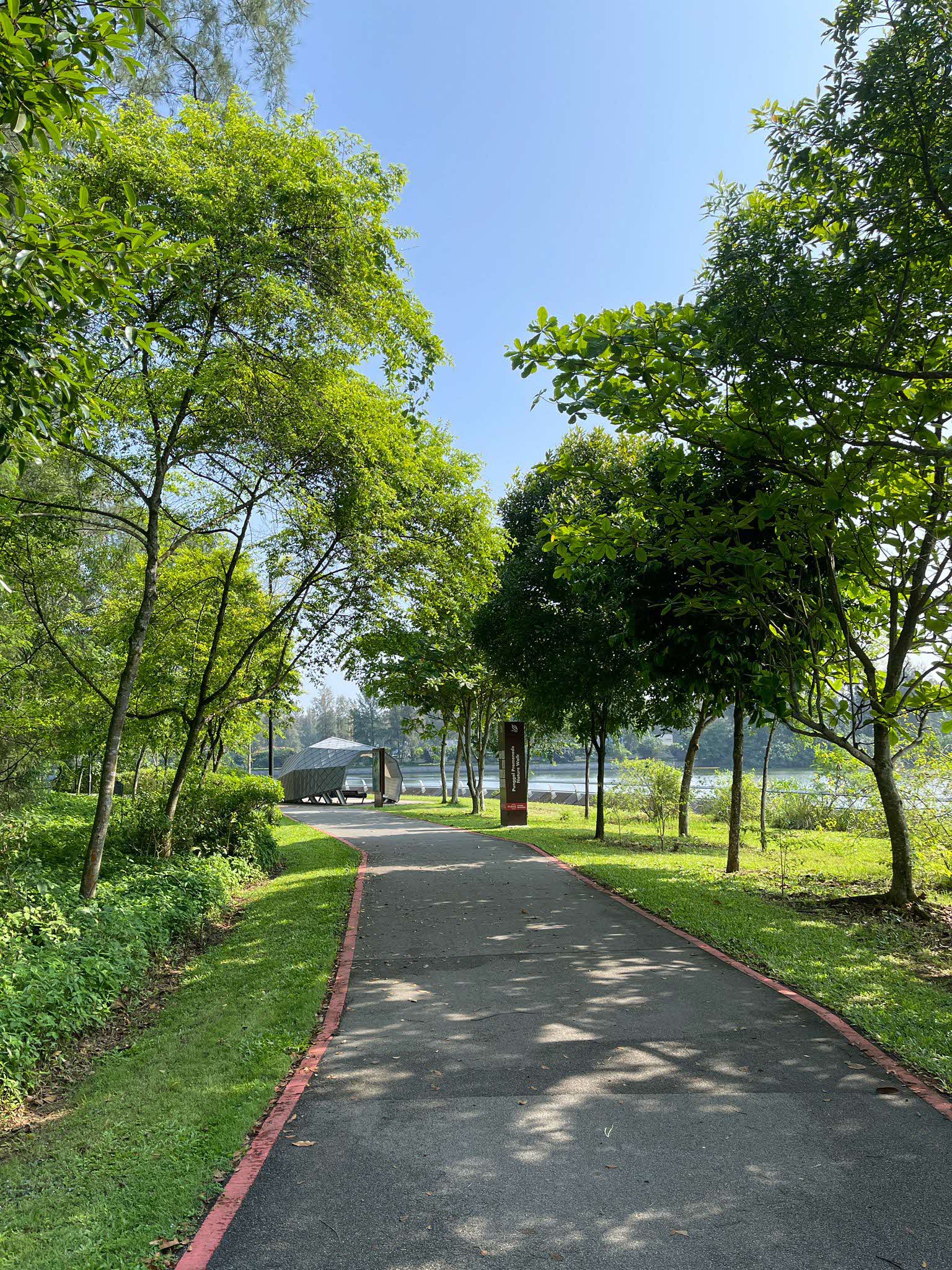 A paved path bordered by trees leads to a riverside area with a shelter under a clear blue sky.