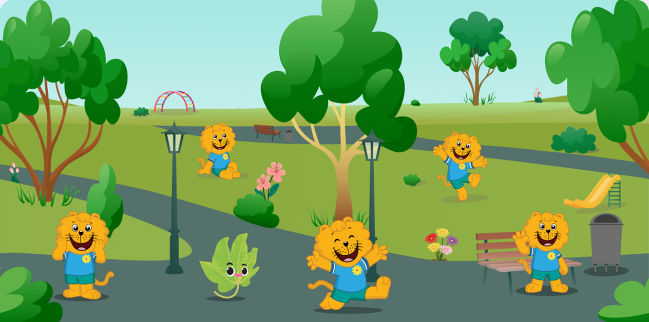 Cartoon lion cubs play in a park with trees, flowers, benches, a slide, and a leaf with a smiling face.