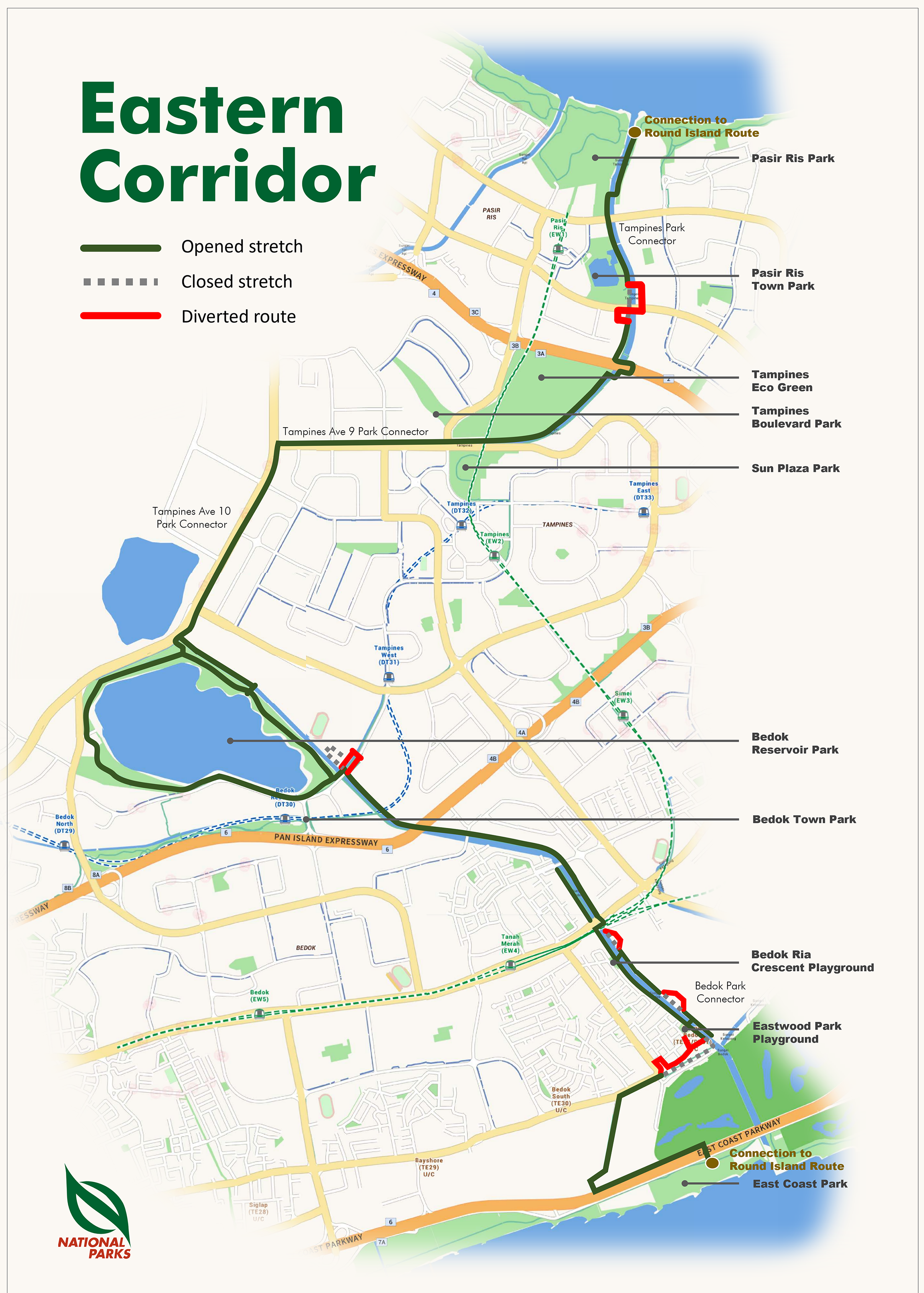 Map showing open, closed, and diverted park connectors in the Eastern Corridor with key parks marked.