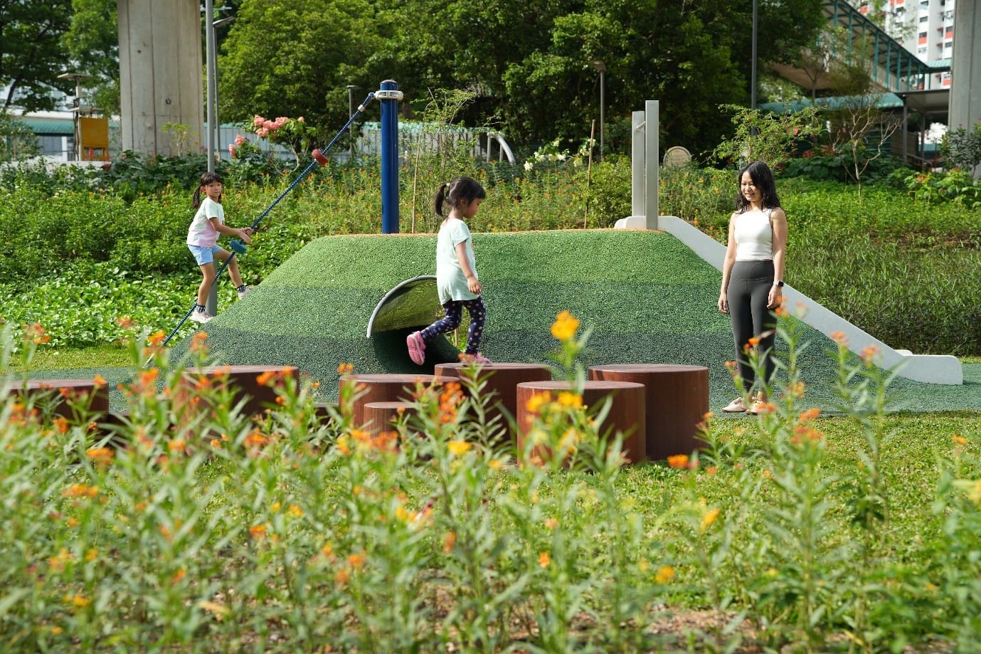 Children playing on a climbing structure in a green park with colorful flowers and trees in the background.