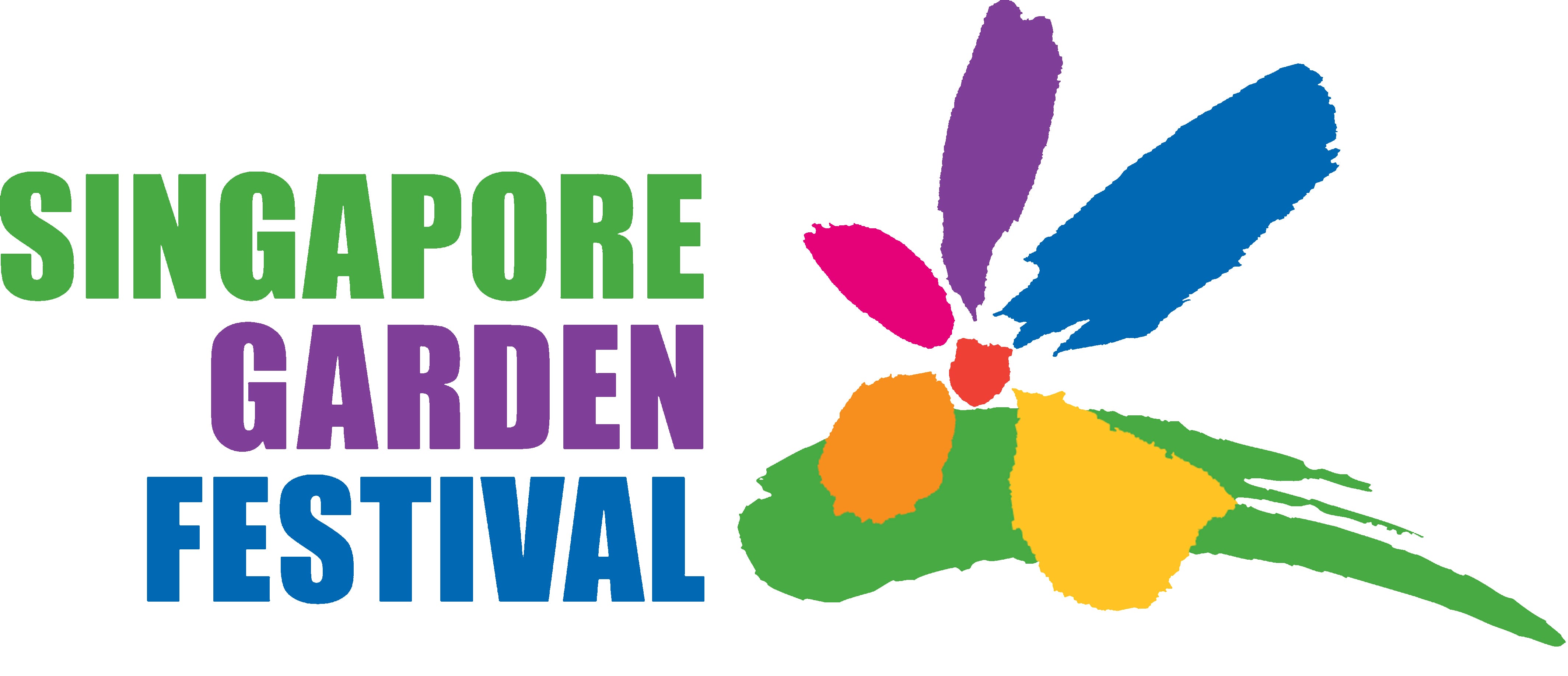 "Singapore Garden Festival" text next to a colorful floral design featuring green, yellow, orange, red, pink, purple, and blue petals.