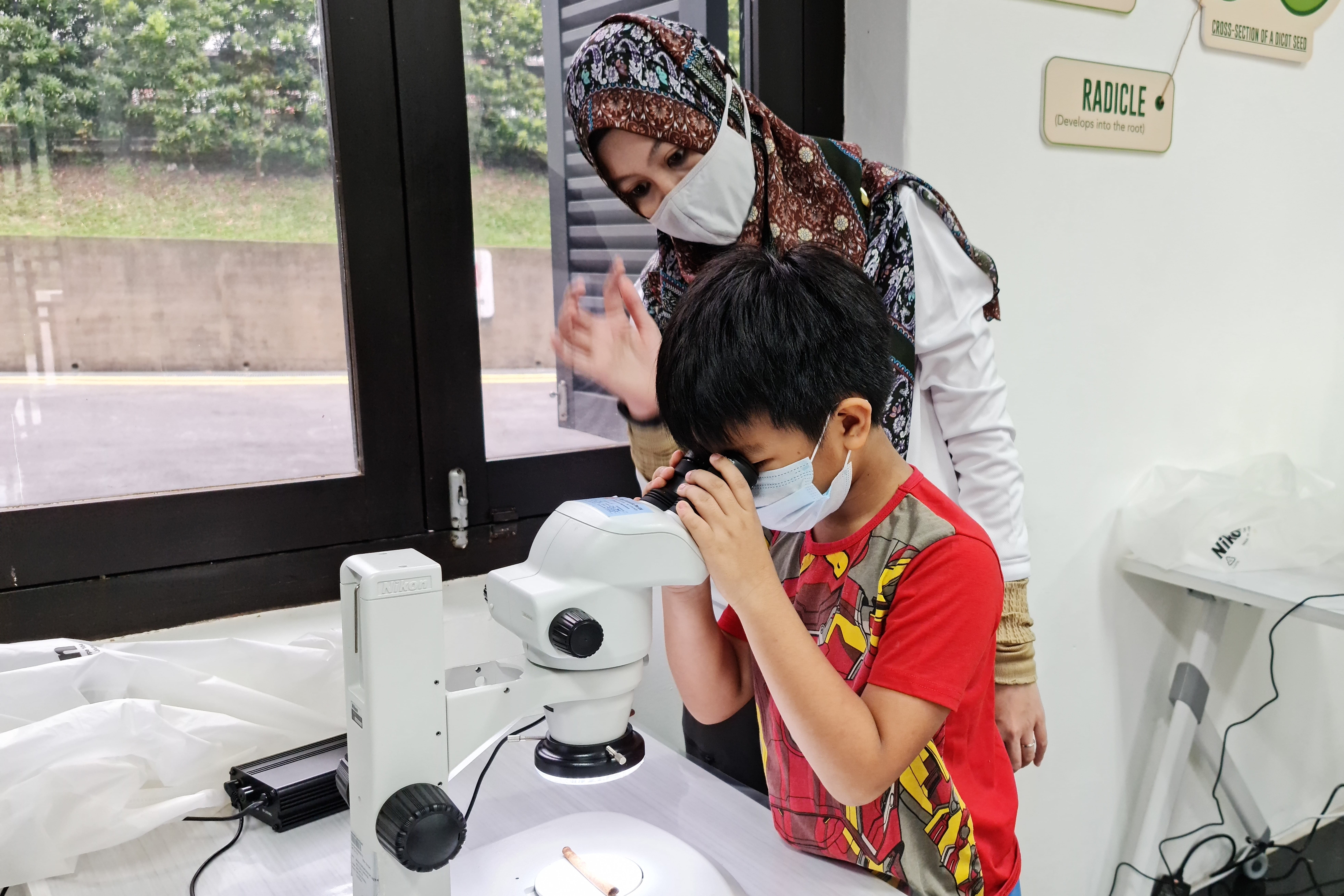 A child in a red shirt looks into a microscope, with an adult standing beside them, in a room with a window and signs on the wall.