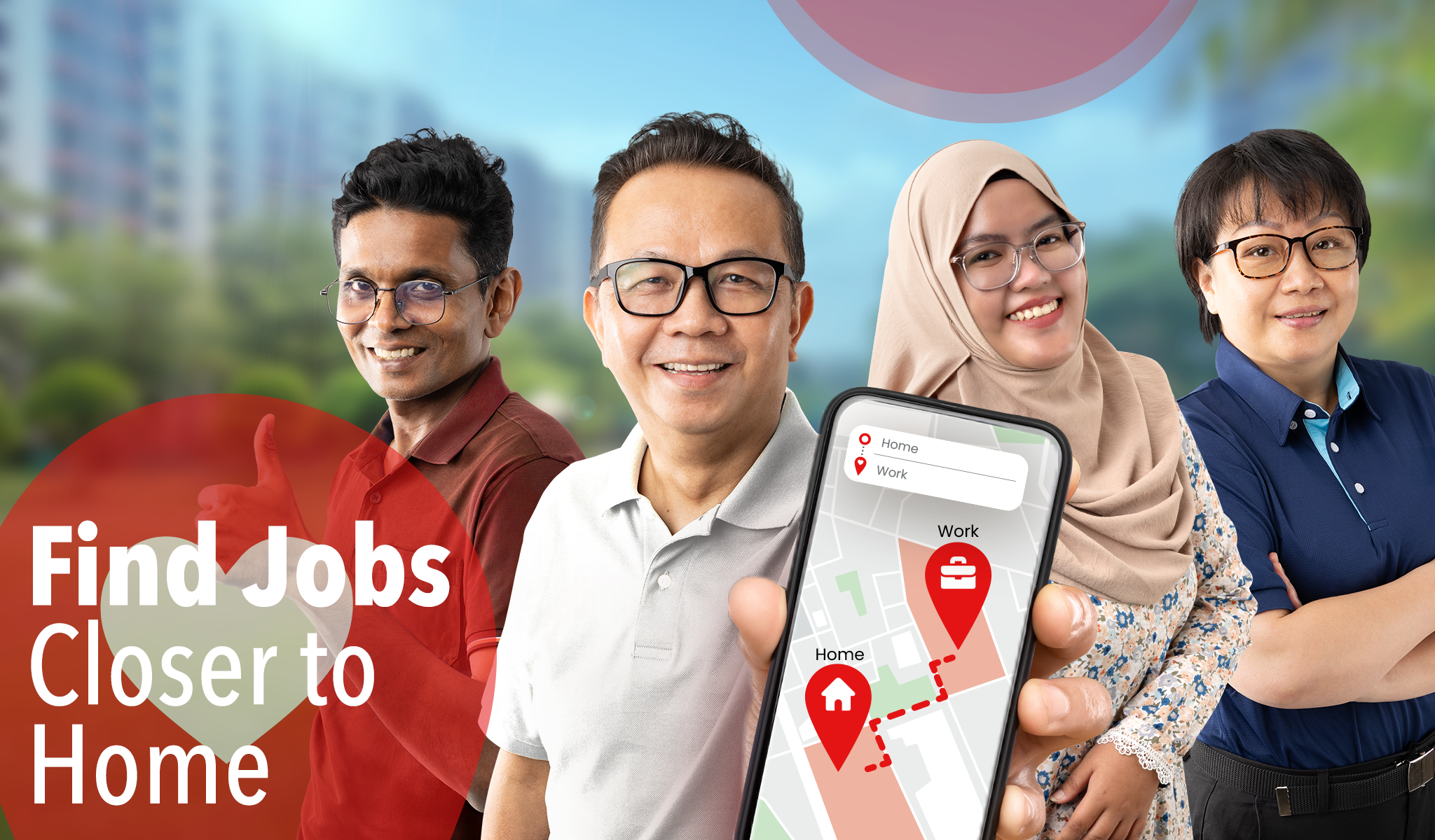 Image shows "Find jobs closer to home" alongside a phone screen displaying a map with home and work locations.