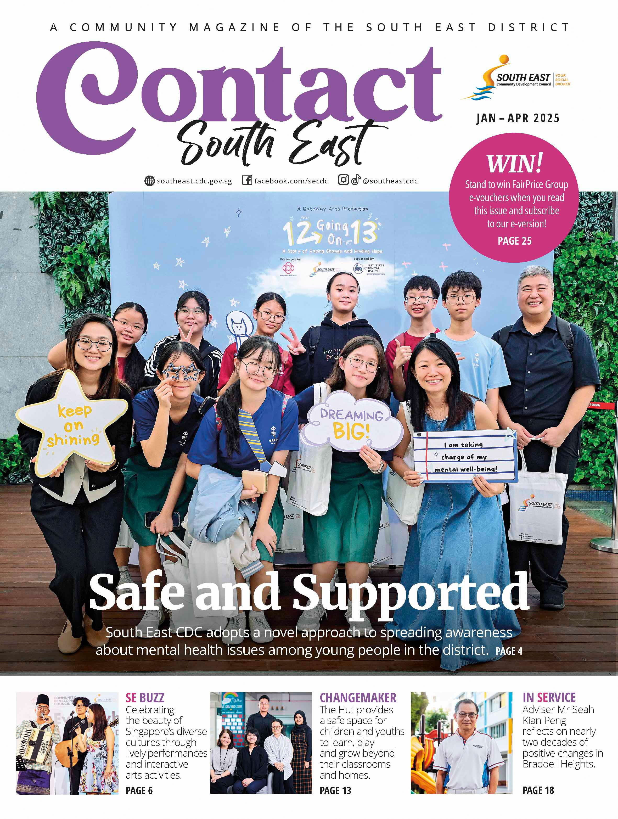A group of people holding signs related to mental health awareness, with "Contact South East" magazine title and articles listed below.