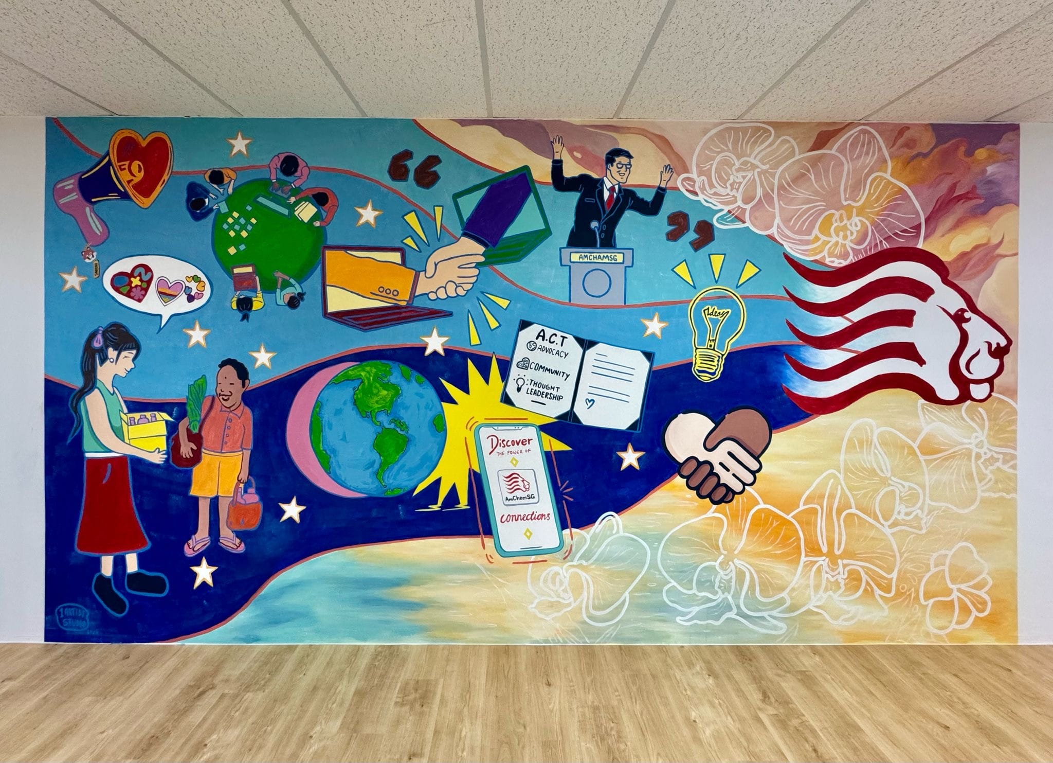 Large colourful mural illustrating themes of community service, leadership, advocacy, connection, and social impact, featuring symbols such as helping hands, a globe, a speech podium, digital communication, and acts of giving.