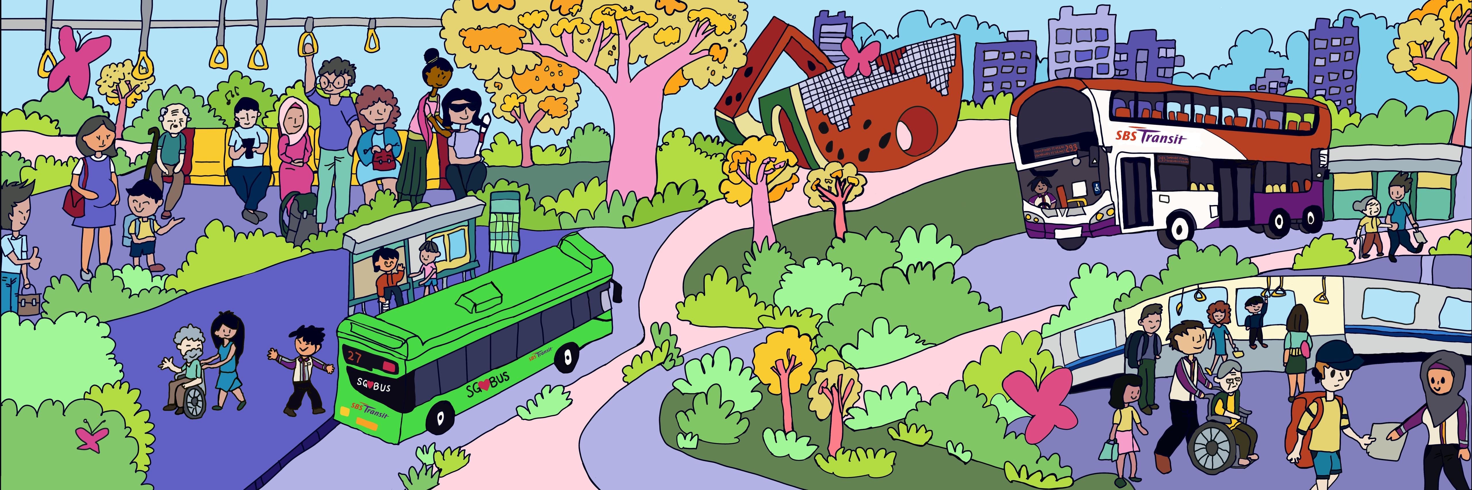 A bright, cartoon-style mural showing diverse commutersheelchair users, SBS Transit buses, train interiors and greenery, celebrating inclusive and connected public transp, wort journeys.