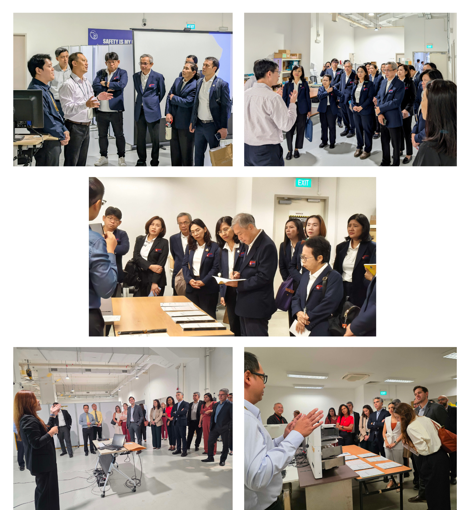 Groups of people in formal attire engage in discussions and presentations in an indoor setting.