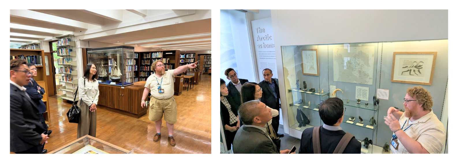 Left: People in a library viewing model ships in a glass case; Right: People observing an exhibit about the Arctic.