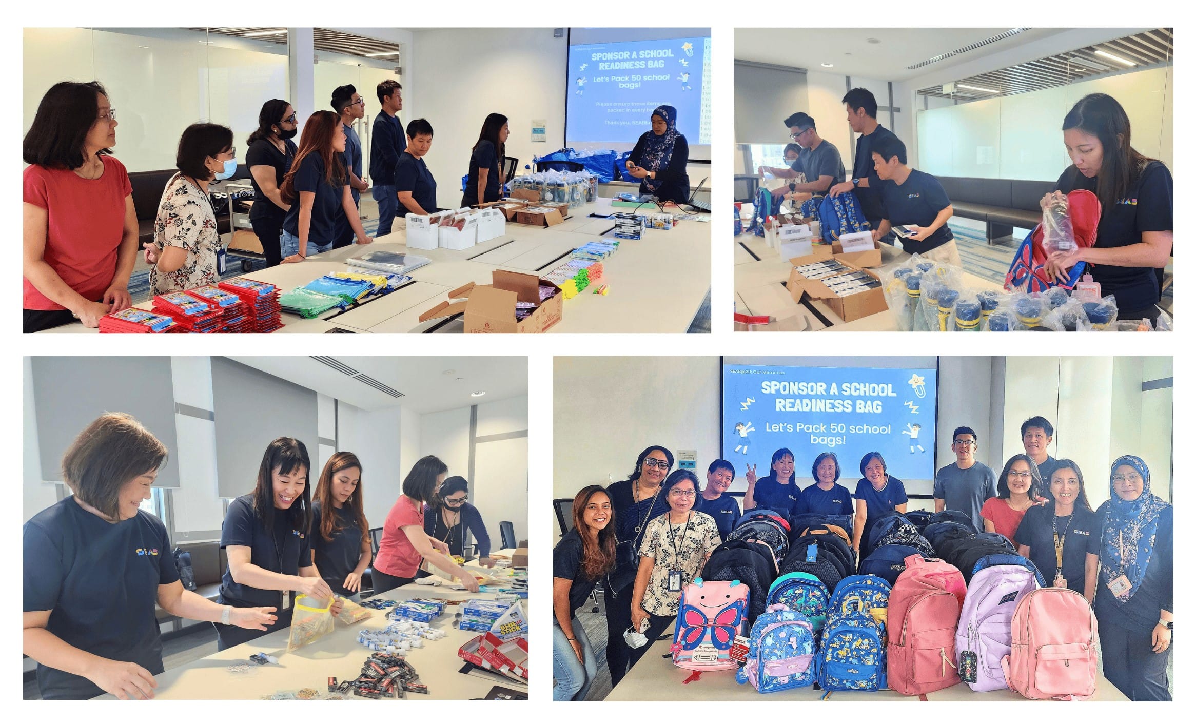 People are packing school supplies into bags and posing in front of a "Sponsor a School Readiness Bag" banner.
