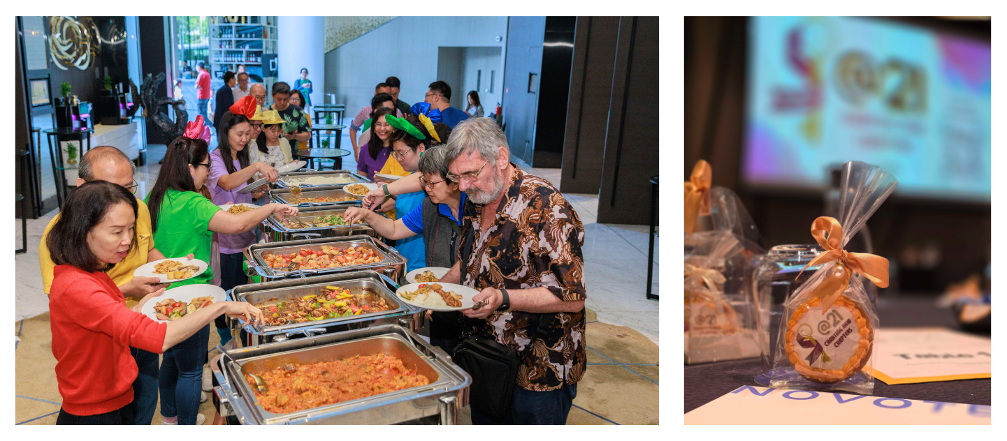 Left: Guests enjoying the sumptuous spread. Right: One of the door gifts was a customised fondant cookie featuring the SEAB Day 2025 logo.