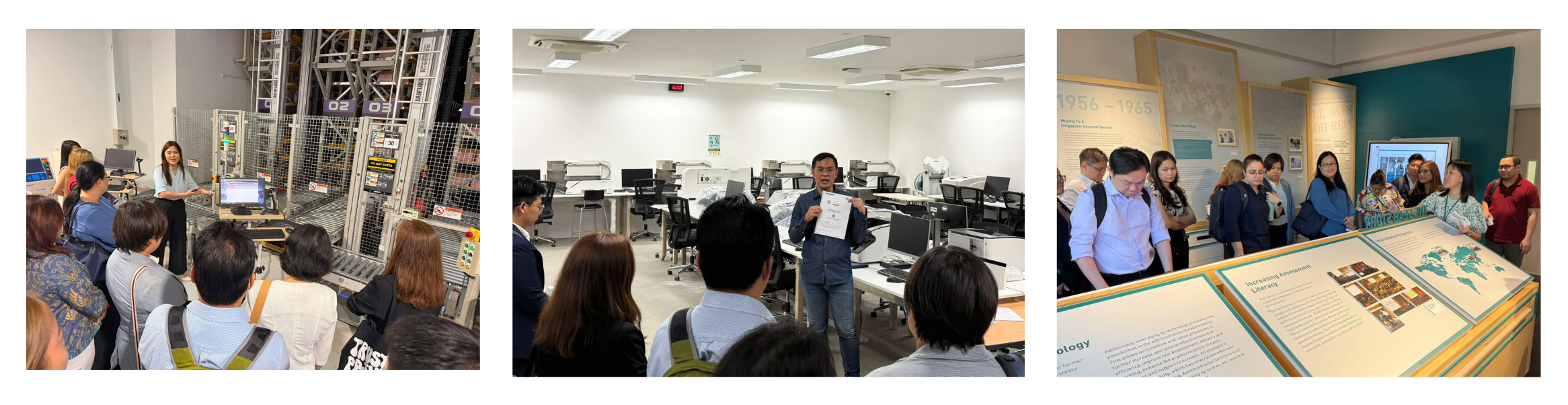 Groups of people are gathered around machines, in a lab, and at an exhibition with informational displays.