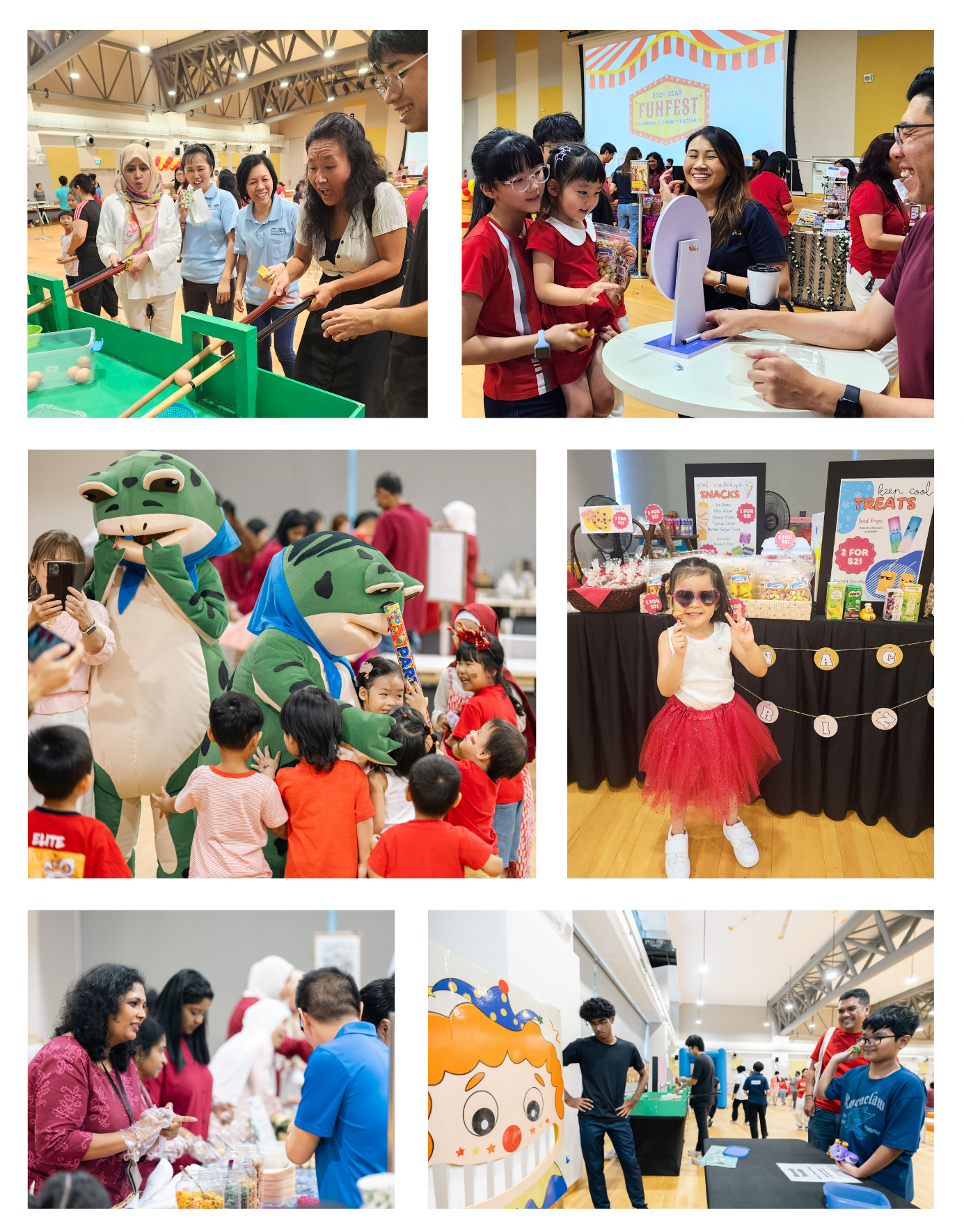 People participating in various activities, including fishing game, mascot meet-and-greet, enjoying treats, and playing games.