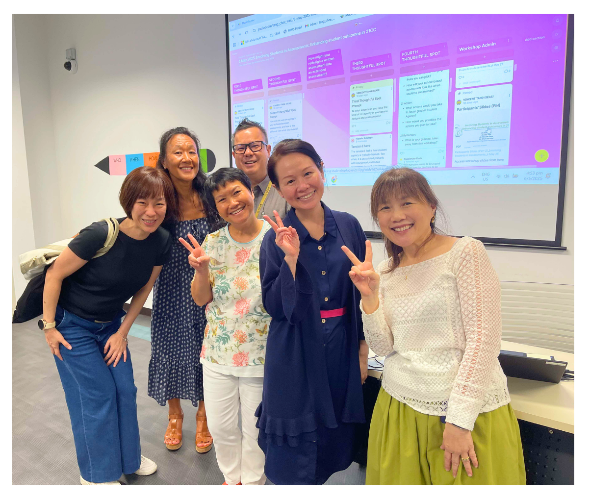 Five people are posing in front of a screen displaying a colorful Trello board in a room decorated with a rocket sign.