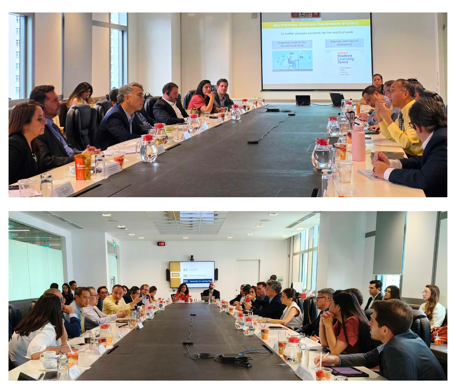 Two large group meetings in conference rooms with screens displaying key initiatives and agendas.