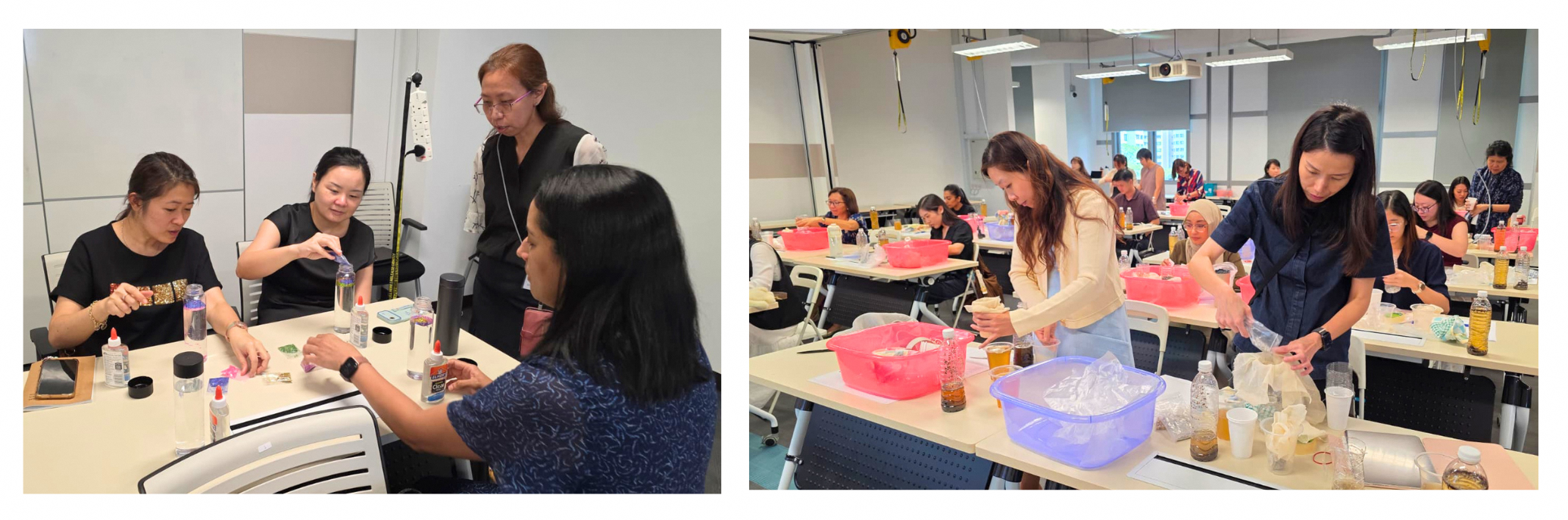 Images of conference participants doing up calming bottles and designing Science tasks