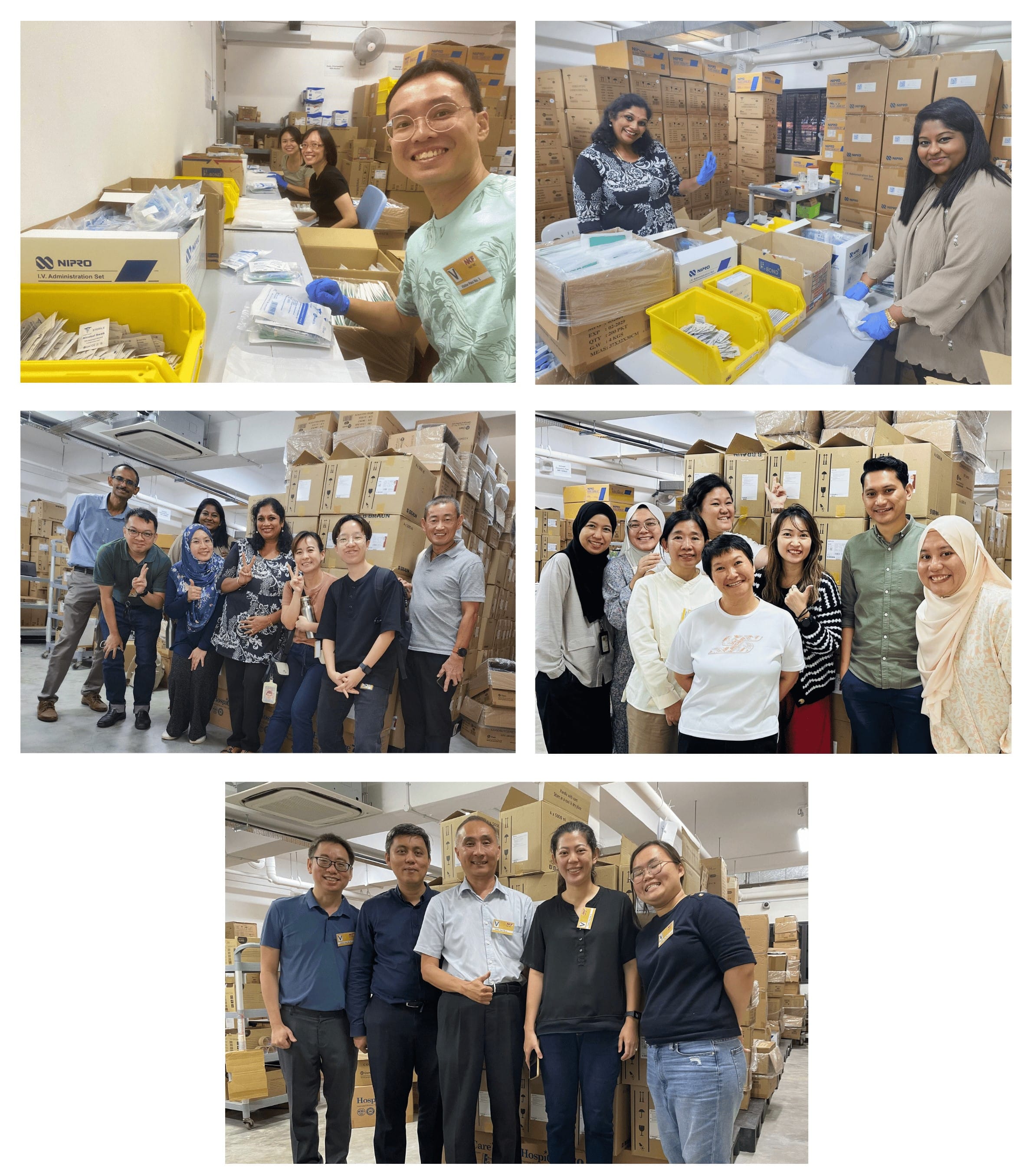 People organize and handle items in a storage room filled with boxes, with group photos in various sections.
