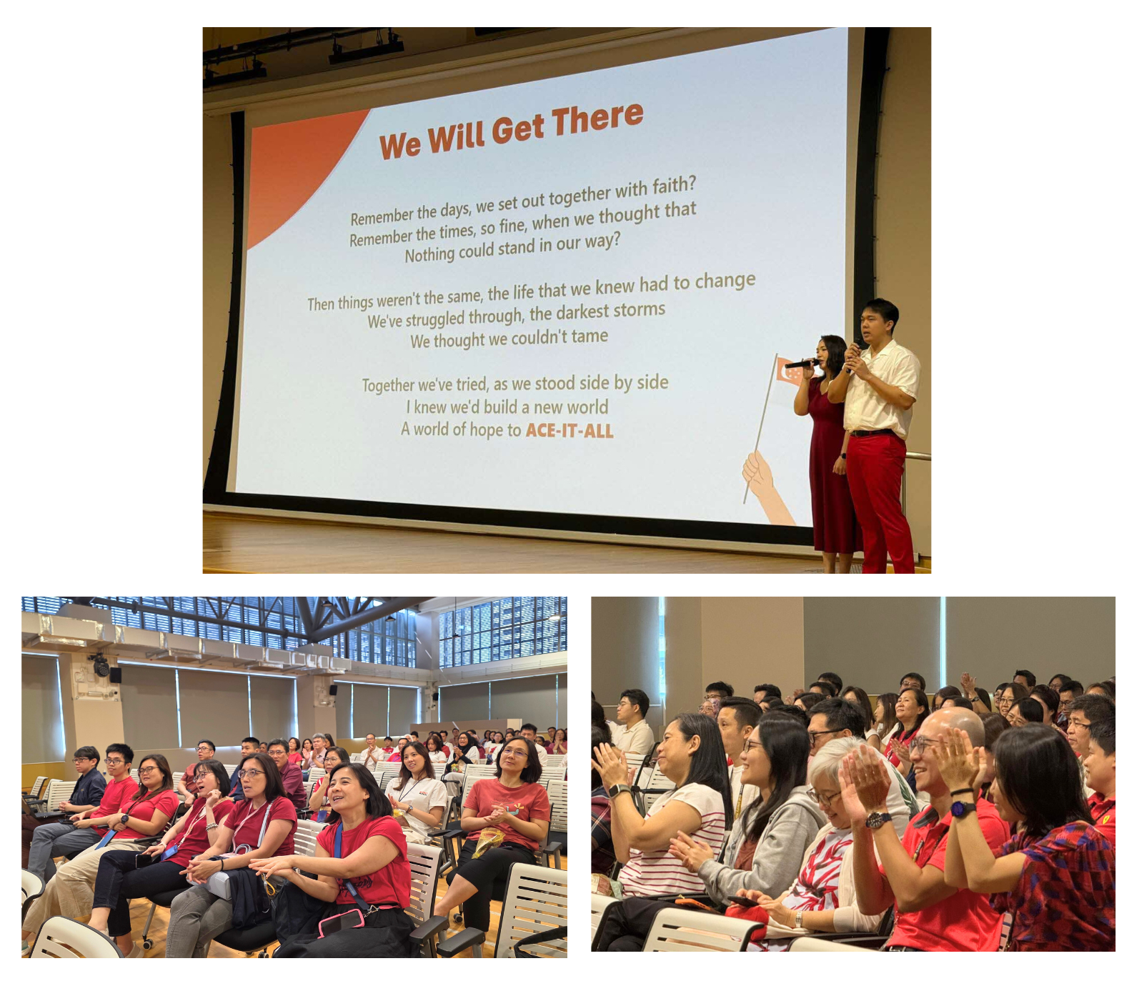 Two people with microphones stand in front of a screen, and an audience claps, with text "We Will Get There" on the screen.